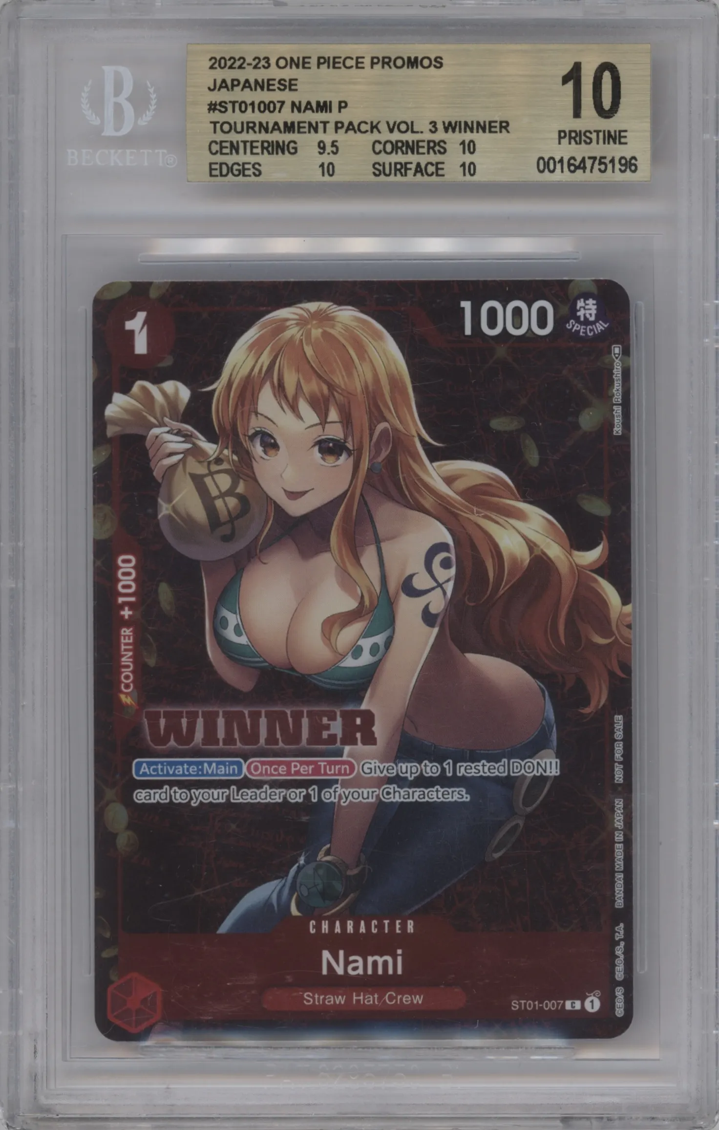 2023 One Piece Winner Pack Vol.3 Nami Tournament Pack Vol.3 Winner #ST01-007 BGS 10