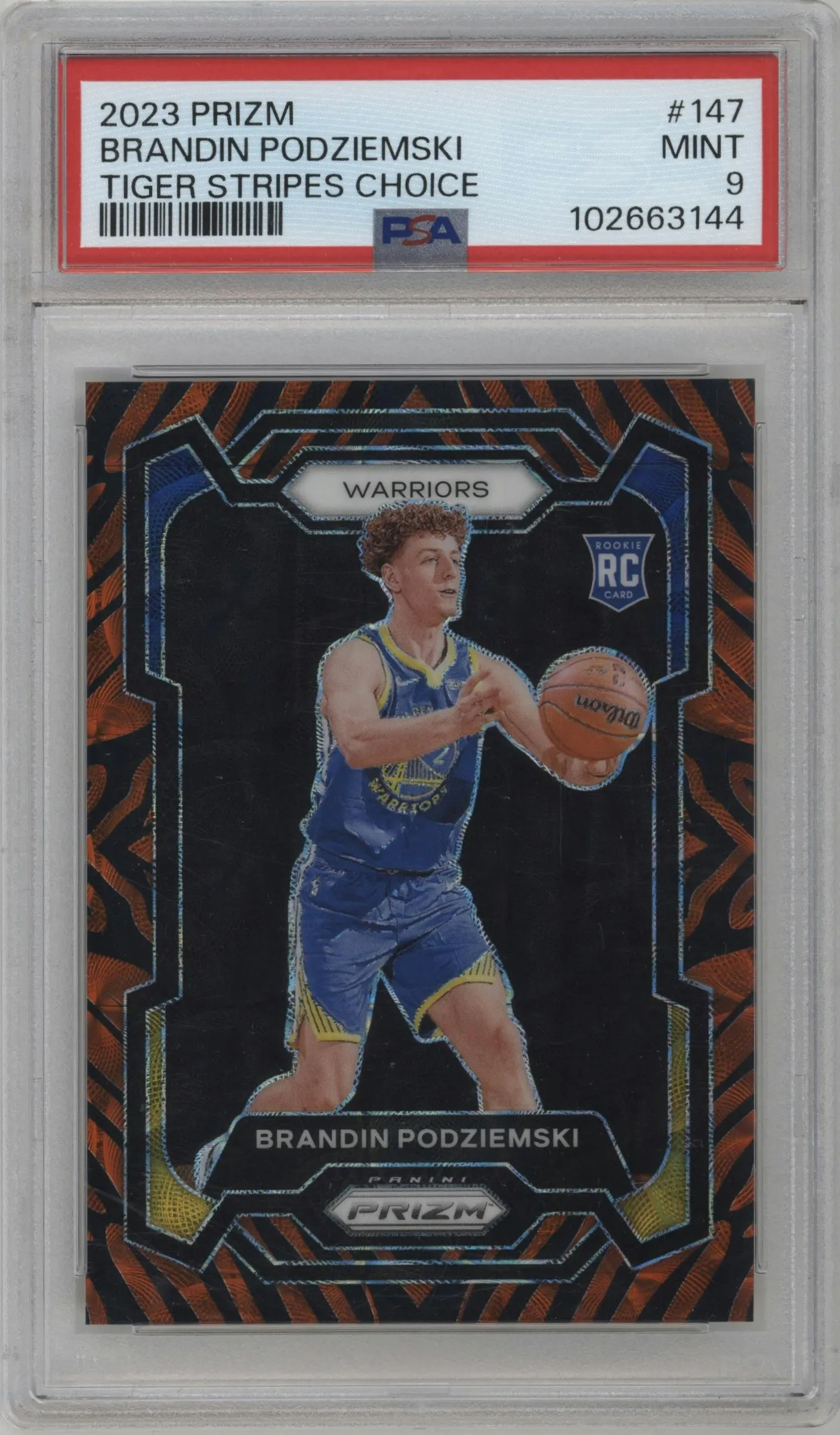 2023 Panini Prizm Brandin Podziemski Choice Tiger Stripe #147 PSA 9