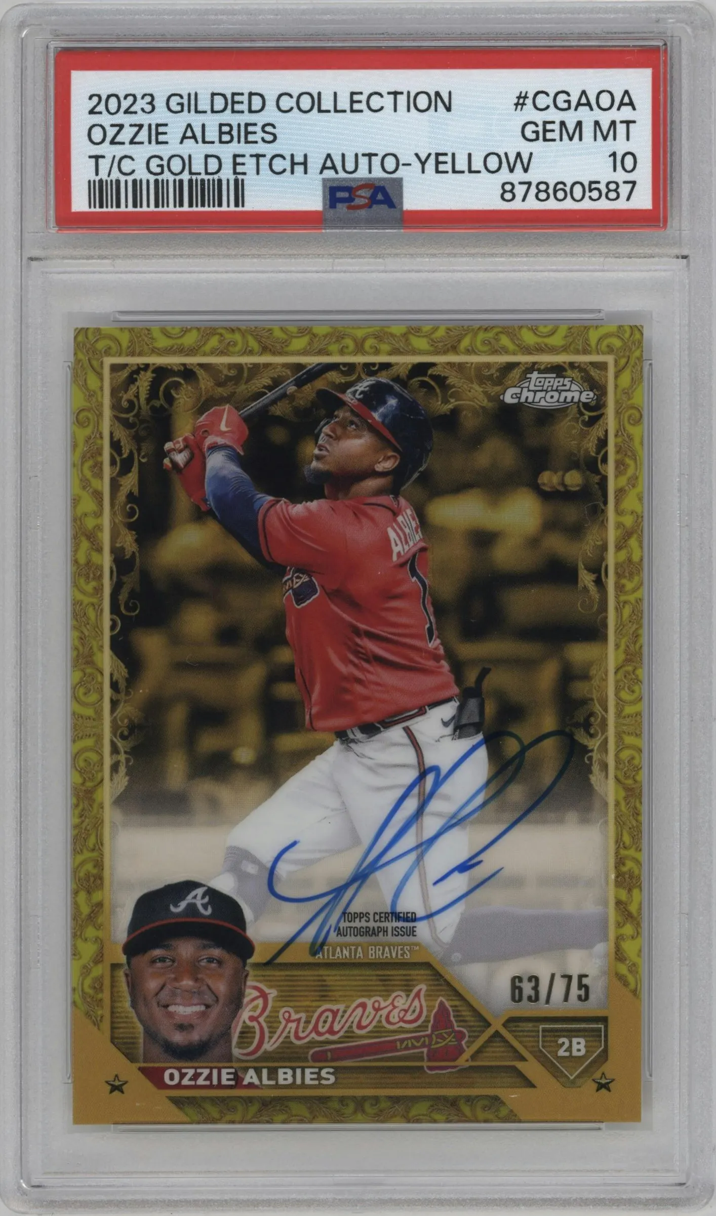 2023 Topps Gilded Collection Gold Etch Auto Ozzie Albies Yellow #CGA-OA PSA 10