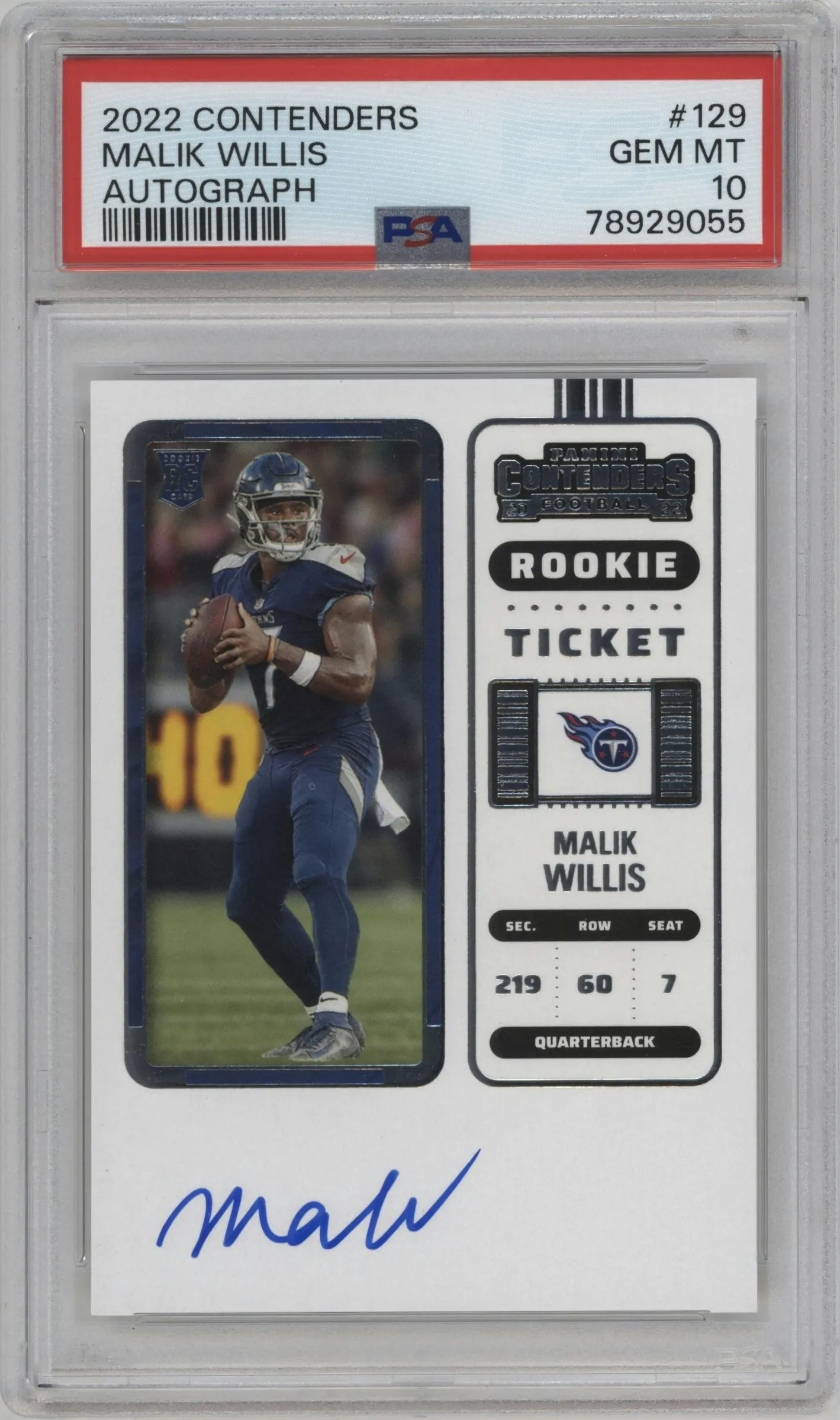 2022 Panini Contenders Rke.Tkt.Auto Malik Willis #129 PSA 10