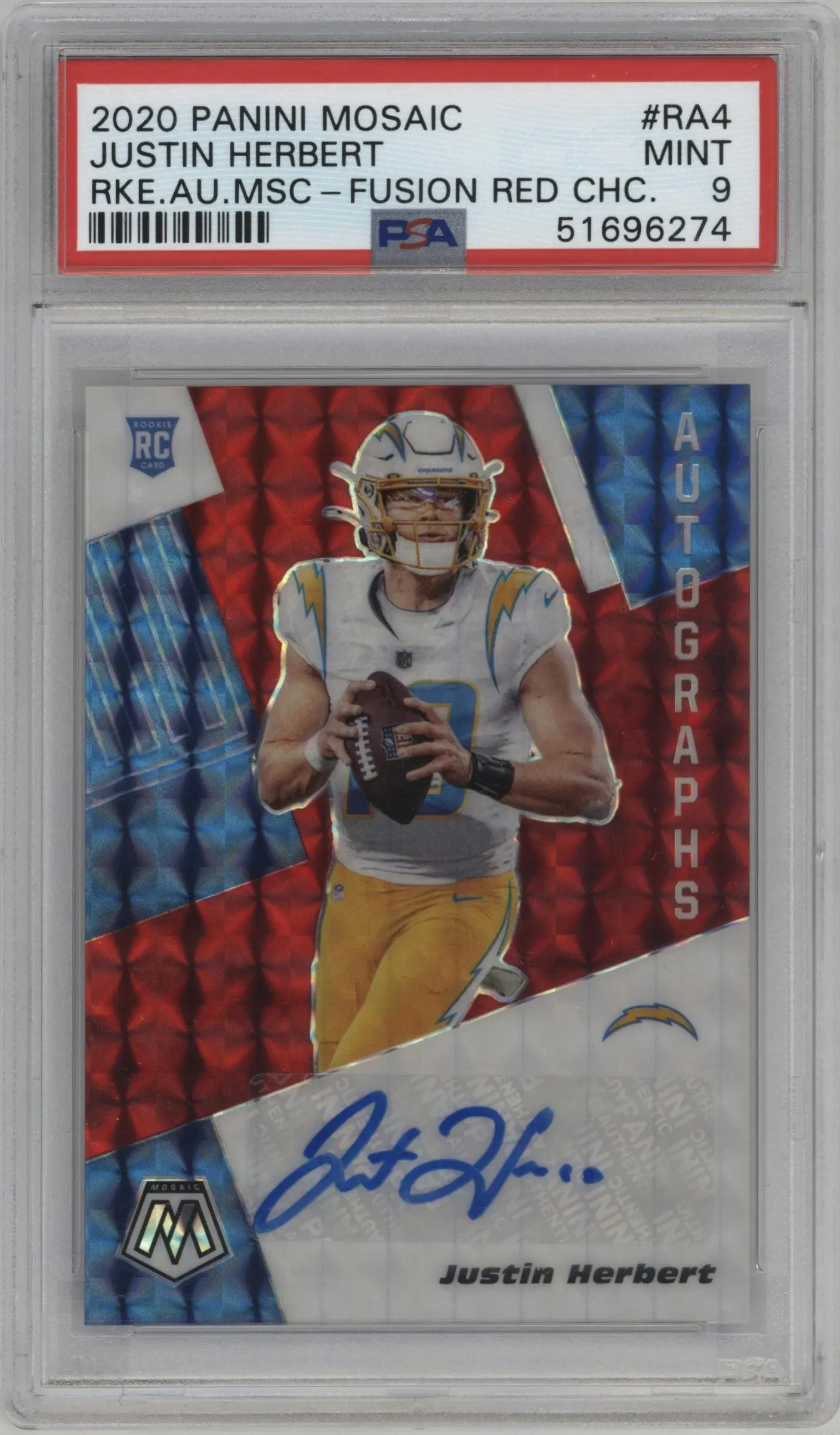2020 Panini Mosaic Rke.Auto Justin Herbert Choice Fusion Red #RA4 PSA 9