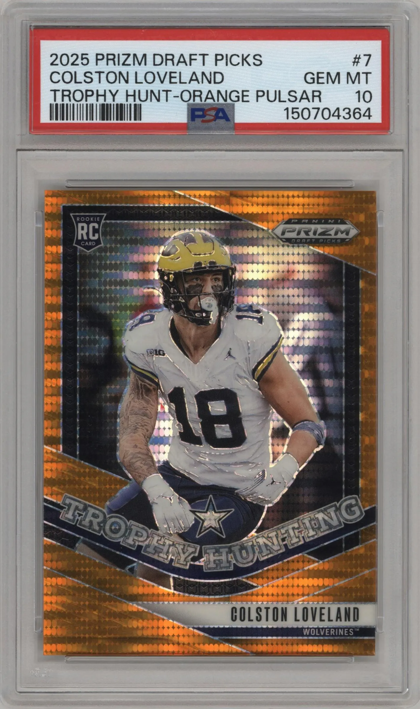 2025 Panini Prizm Draft Picks Trophy Hunting Colston Loveland Orange Pulsar #7 PSA 10
