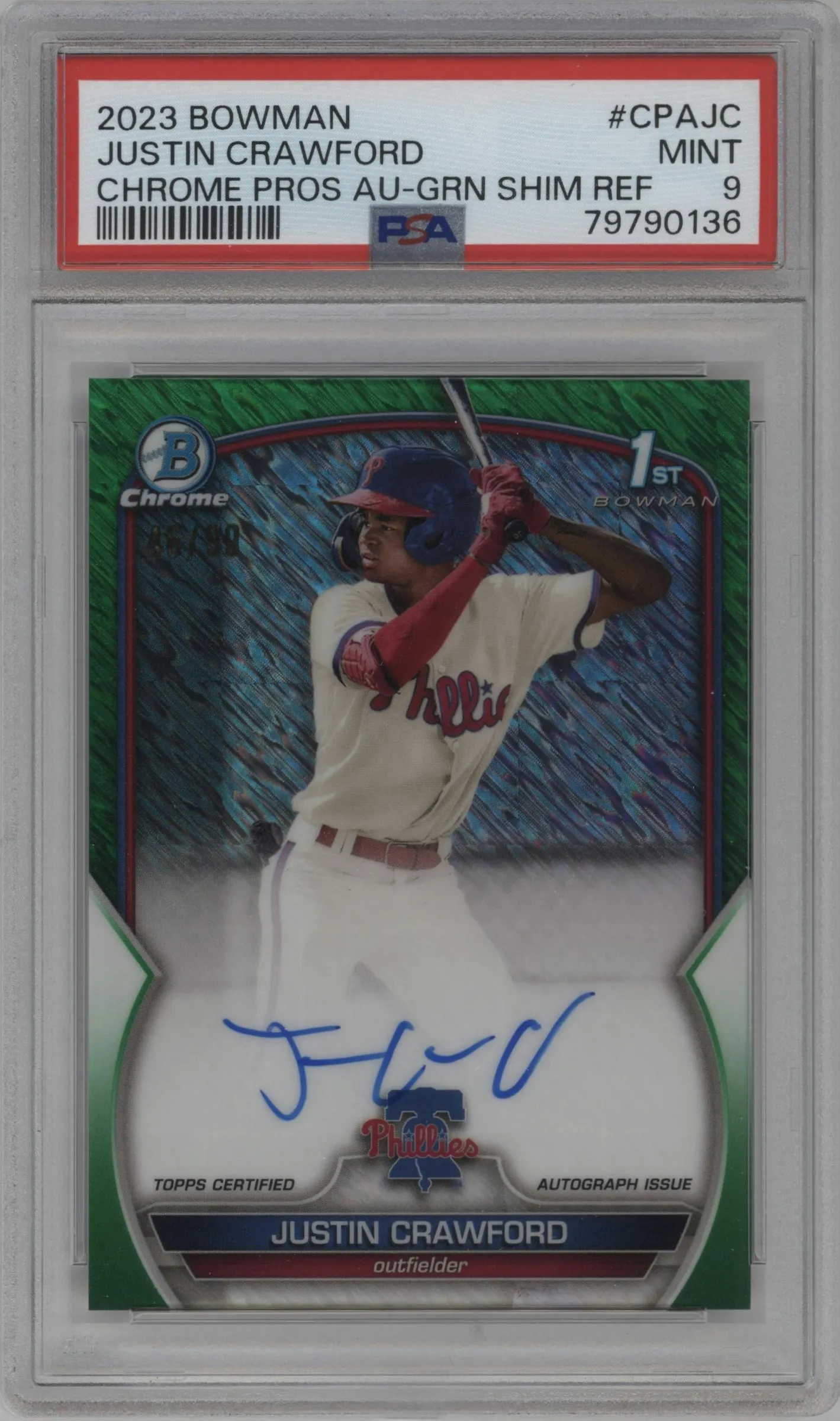 2023 Bowman Chr.Pros.Auto Justin Crawford Green Shimmer Refractor #CPA-JC PSA 9