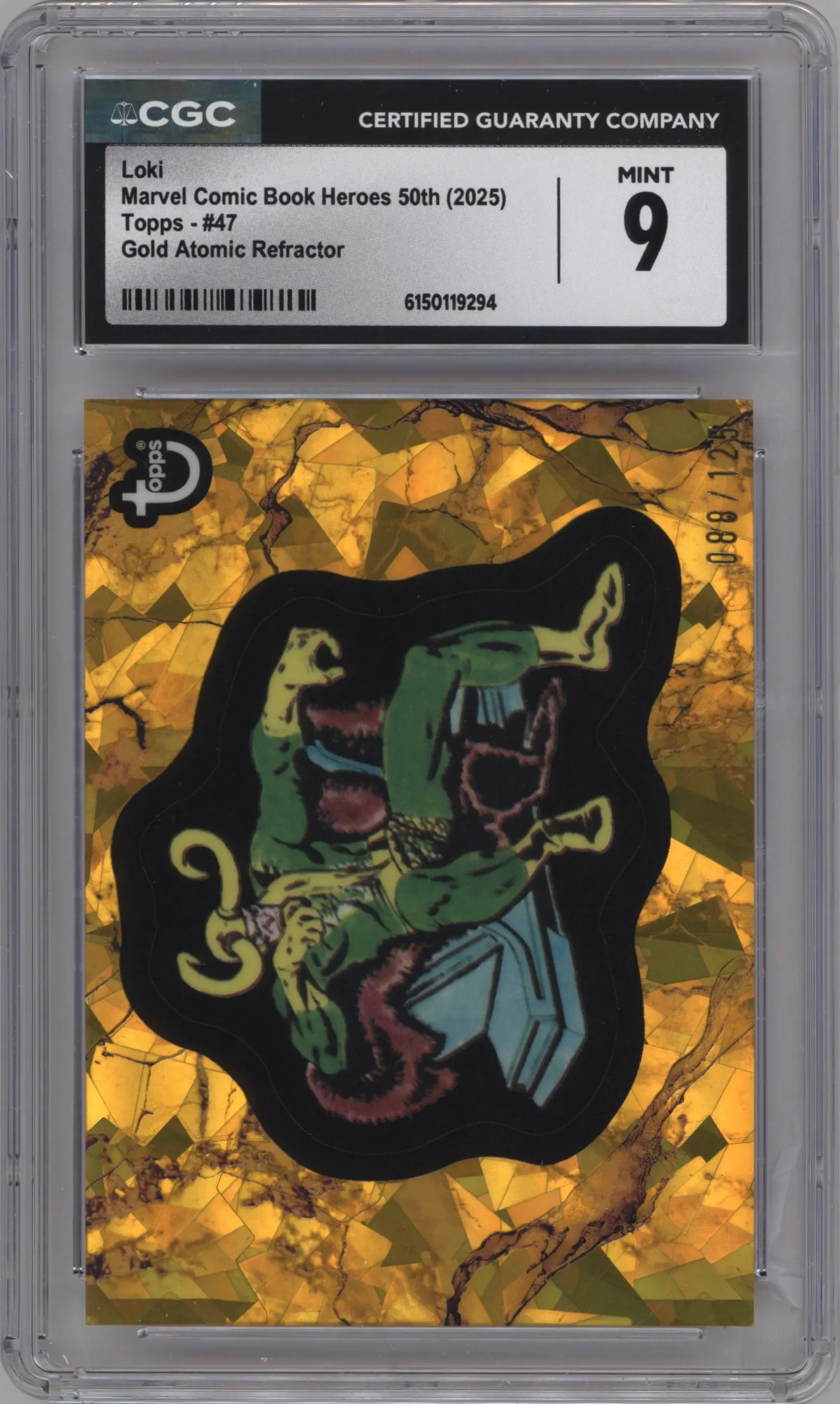 2025 Topps Marvel Comic Book Heroes 1975 Golden Anniversary Loki Gold Atomic #47 CGC 9