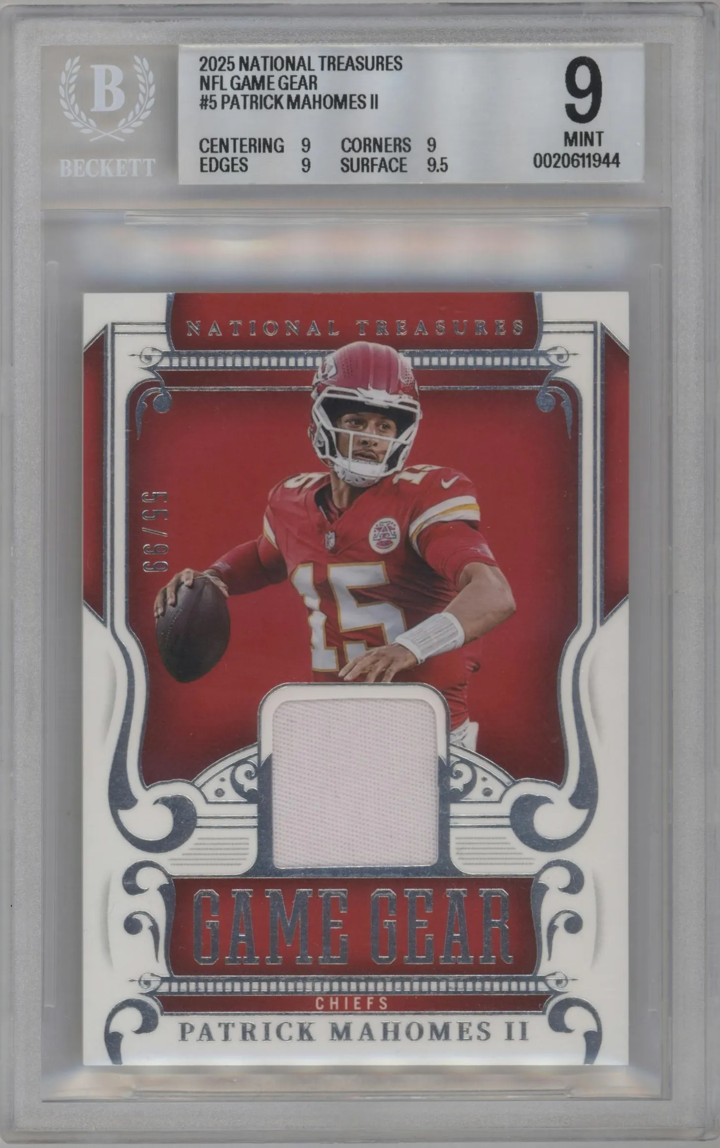 2025 Panini National Treasures NFL Game Gear Patrick Mahomes II #GGR-PMS BGS 9
