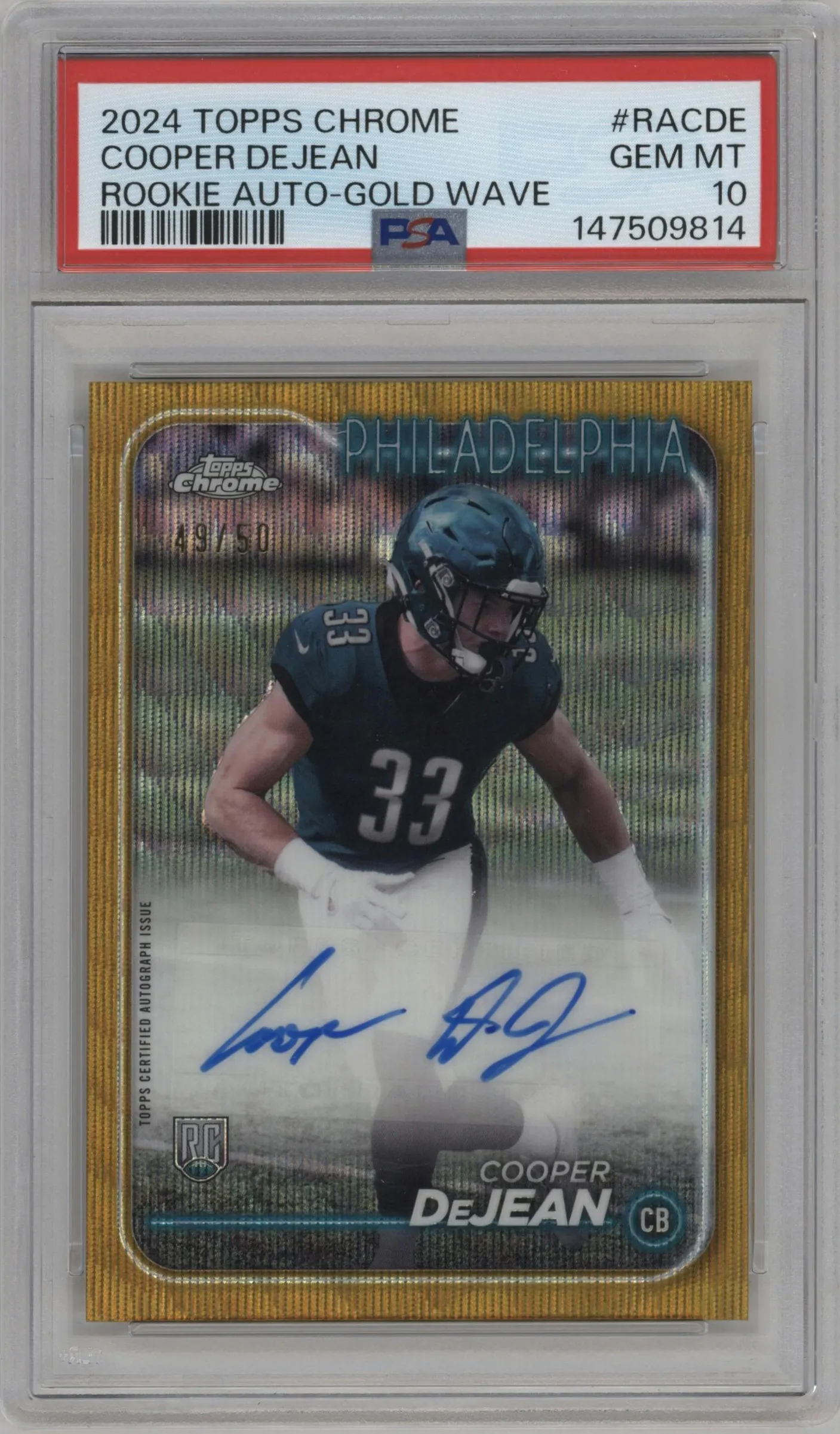 2024 Topps Chrome Rke.AU Var. Cooper DeJean Gold Wave #RA-CDE PSA 10