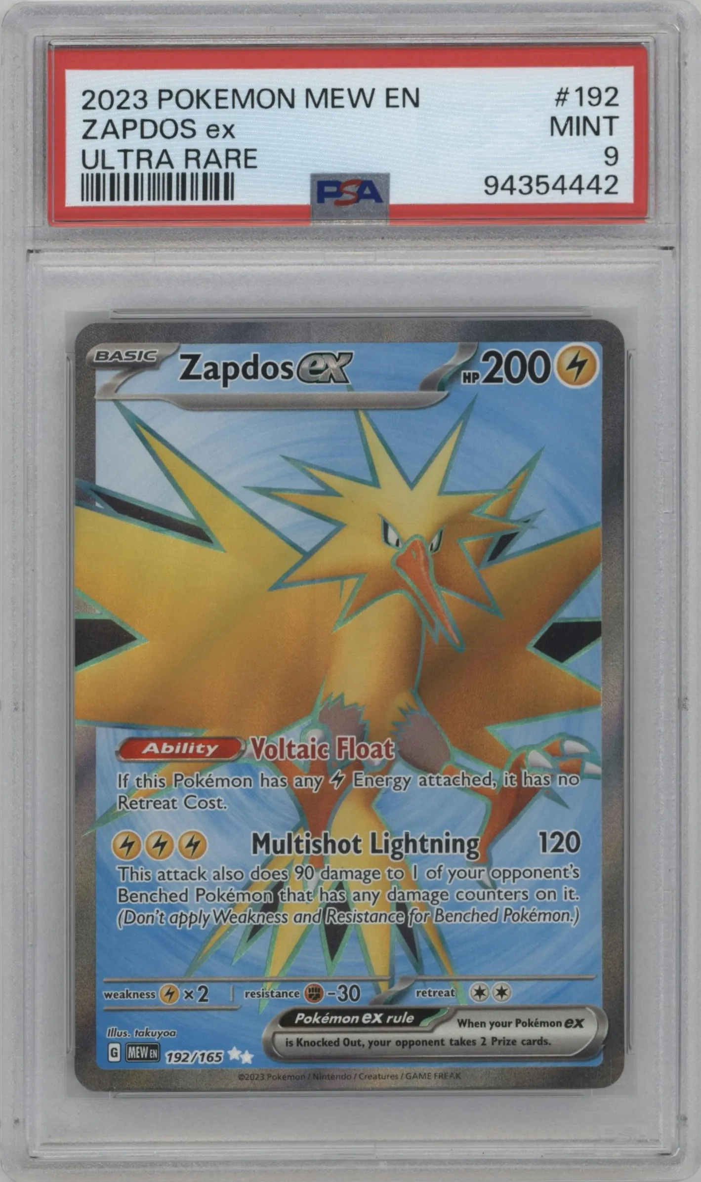 2023 Pokemon SV Zapdos EX #192 PSA 9