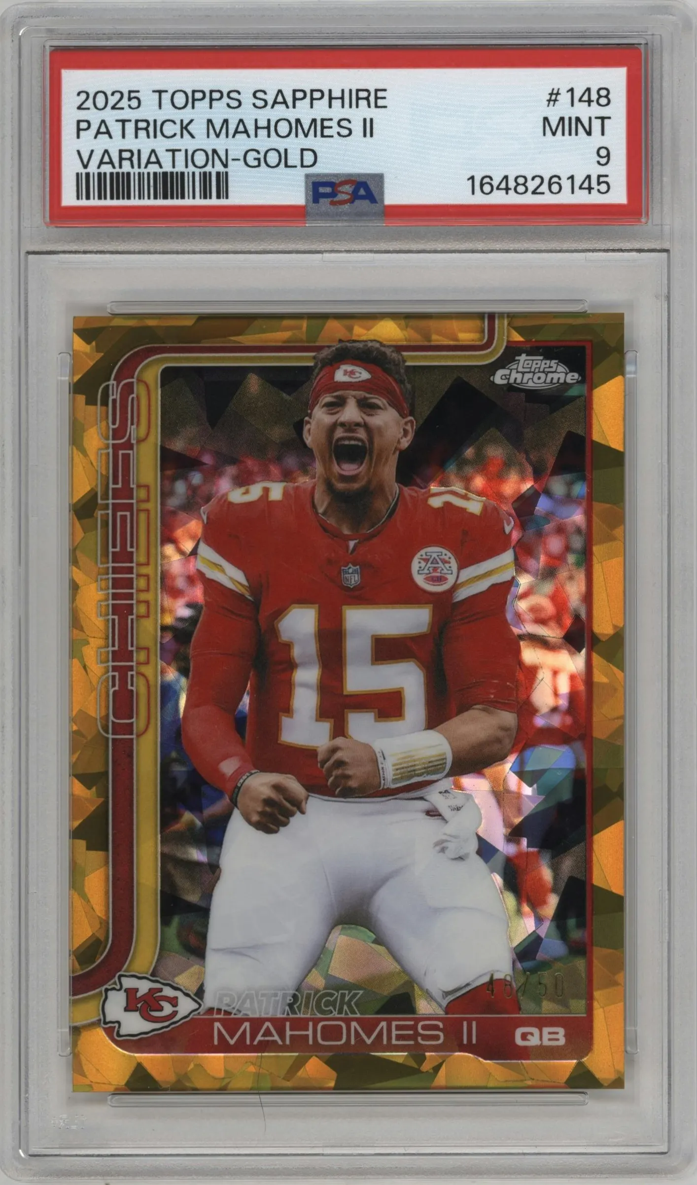 2025 Topps Chrome Sapphire Edition Var. Patrick Mahomes II Gold #148 PSA 9