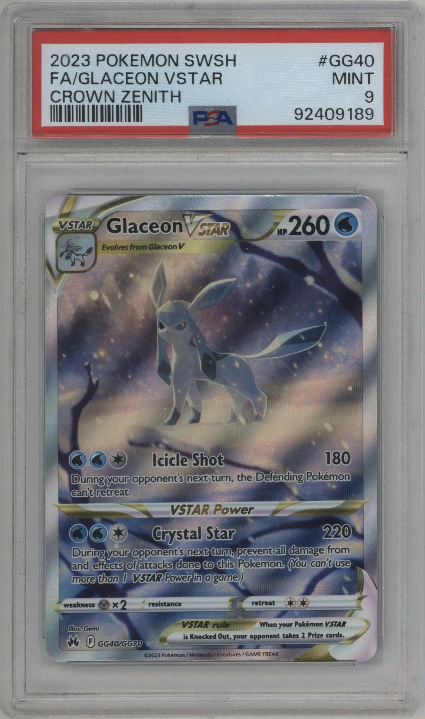 2023 Pokemon SWSH Crown Zenith GG Glaceon Vstar #GG40 PSA 9