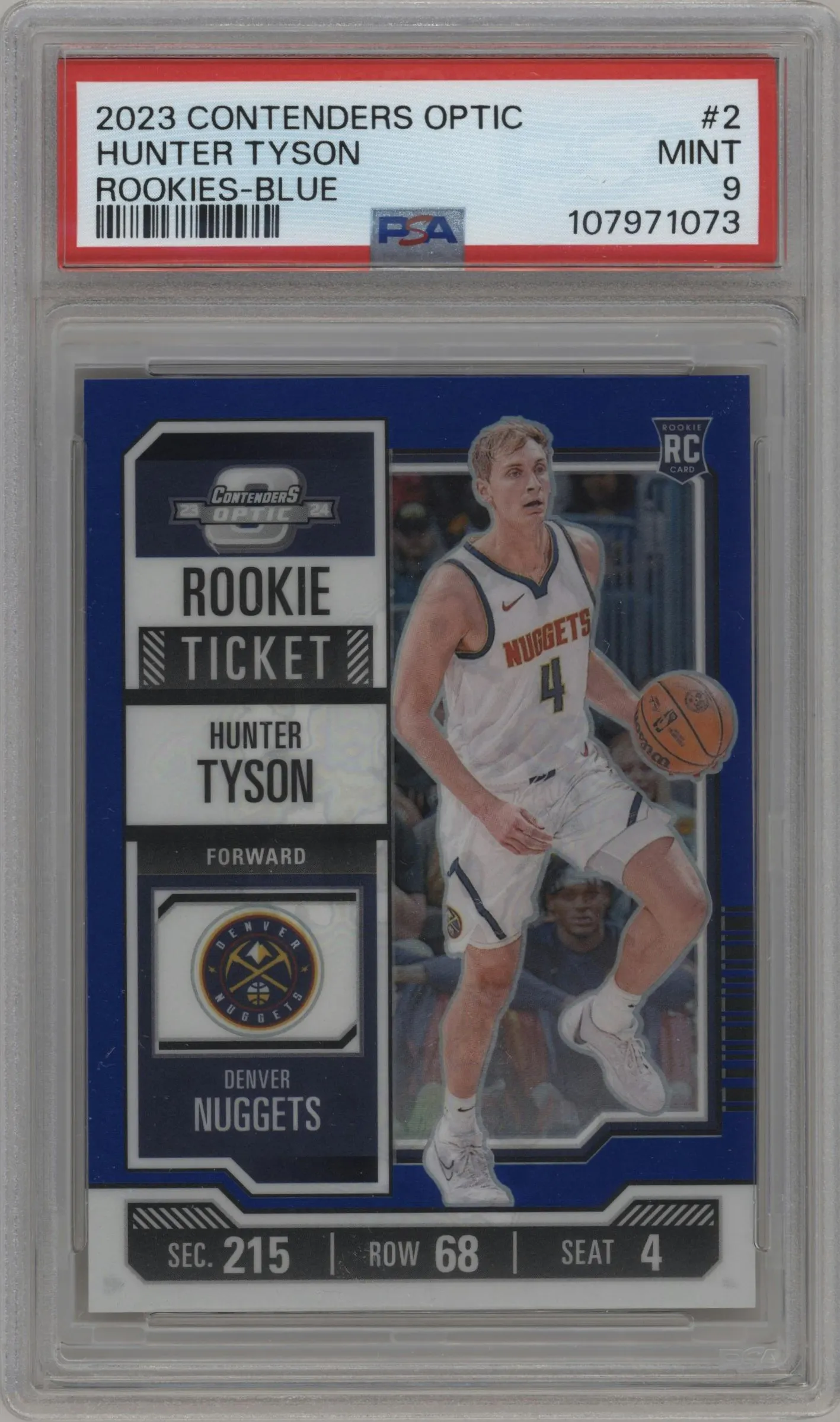 2023 Panini Contenders Optic Rke.Tkt. Hunter Tyson Blue #2 PSA 9