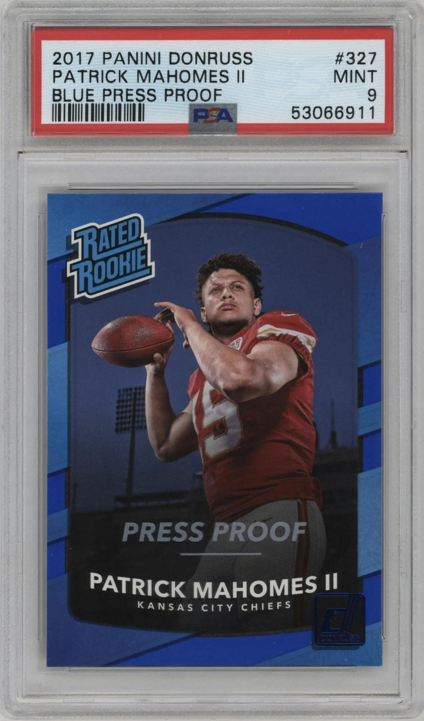 2017 Panini Donruss Rated Rookie Patrick Mahomes II Press Proof Blue #327 PSA 9
