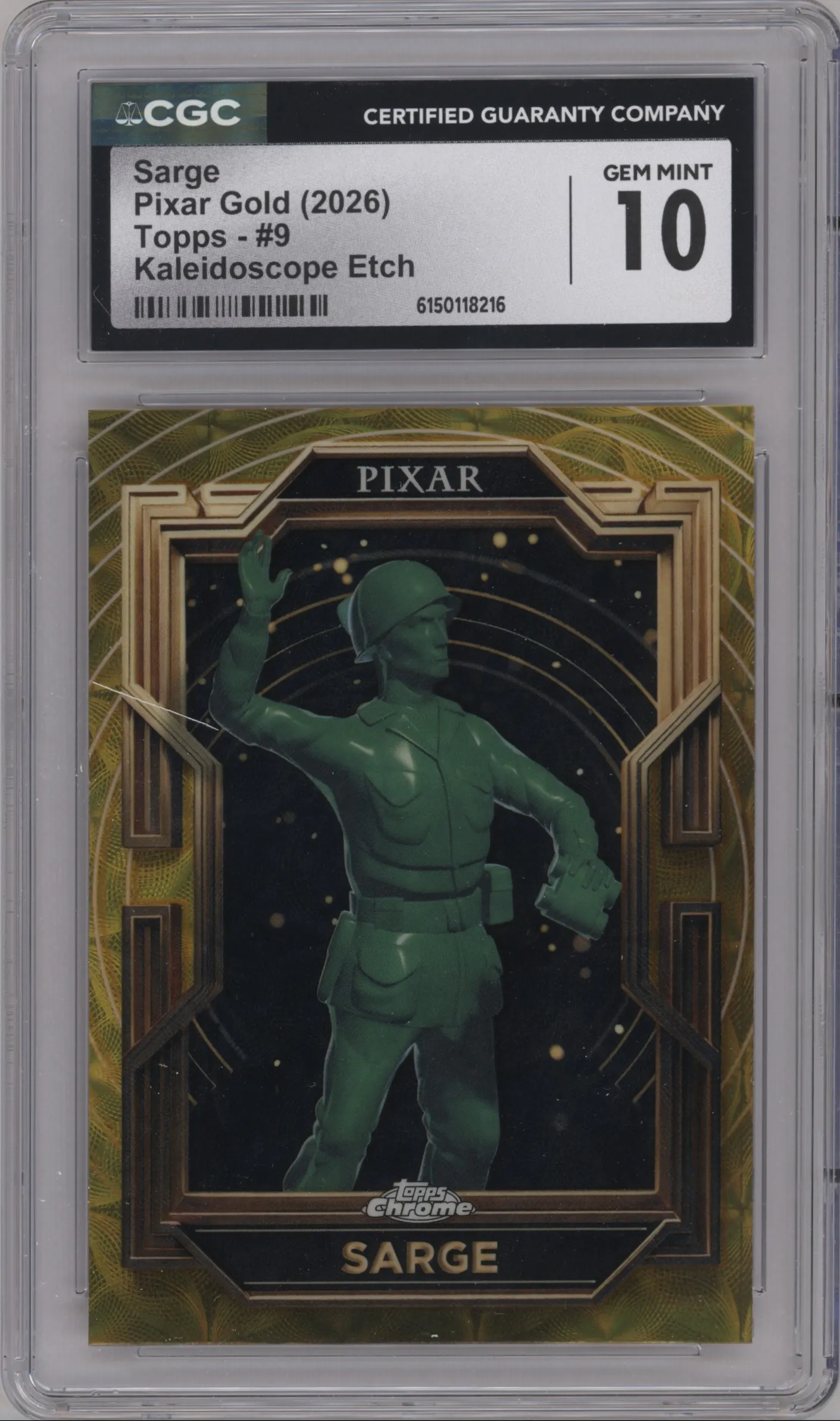 2025 Topps Pixar Gold Sarge Kaleidoscope Etch Refractor #9 CGC 10