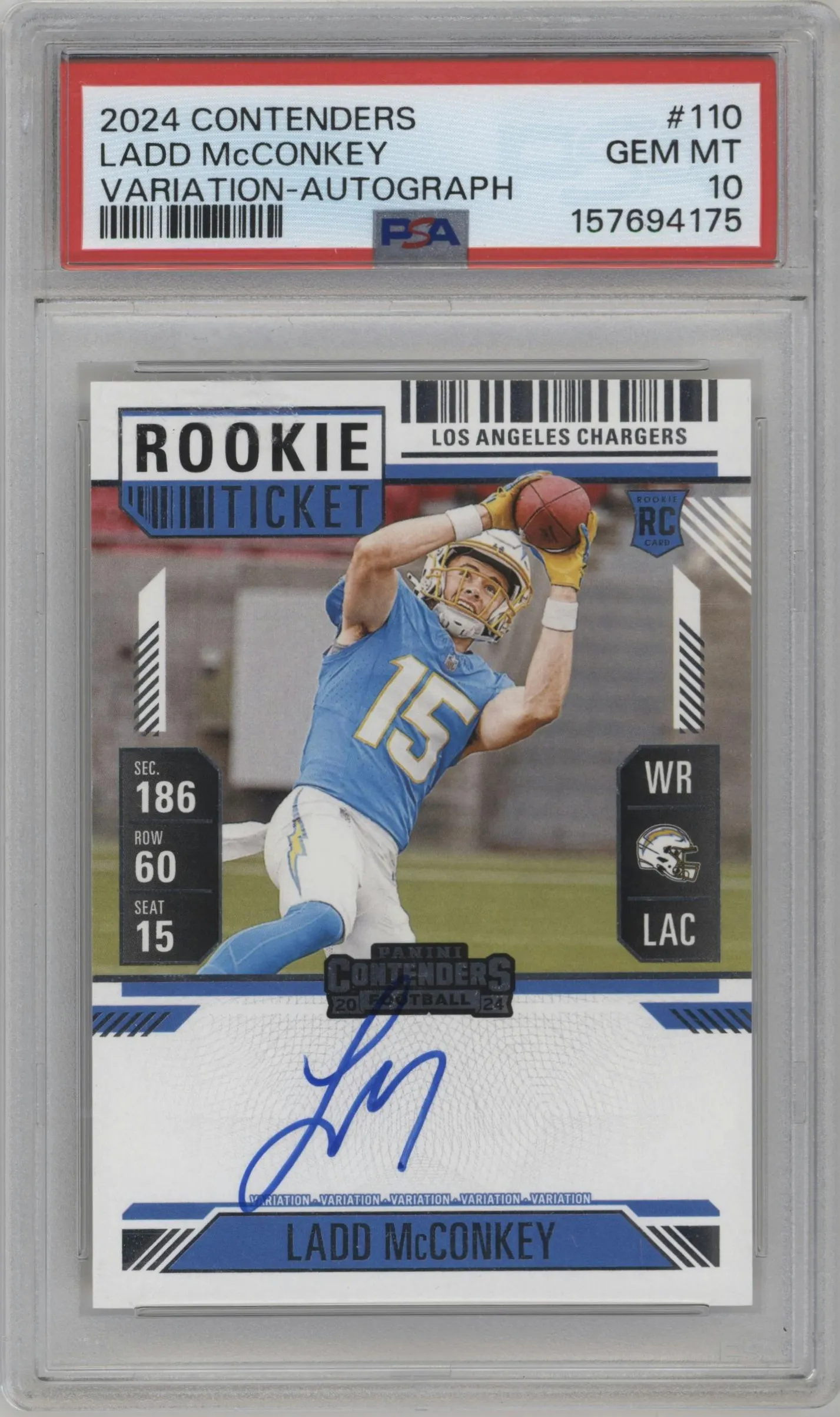 2024 Panini Contenders Rke.Tkt.Au.Var Ladd McConkey #110 PSA 10