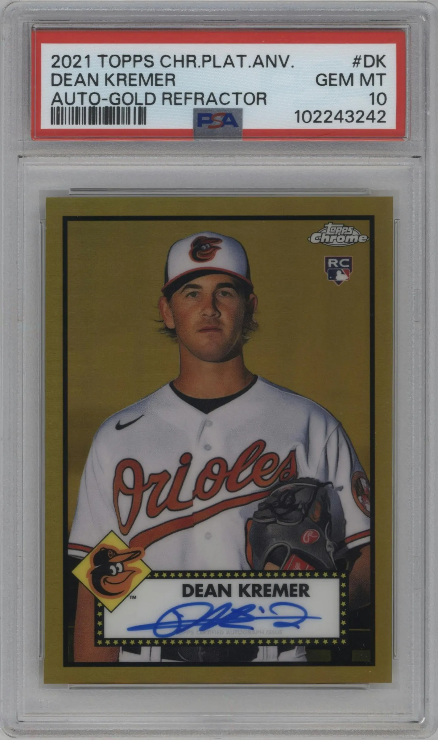 2021 Topps Chrome Platinum Anniversary Auto Dean Kremer Gold Refractor #PA-DK PSA 10