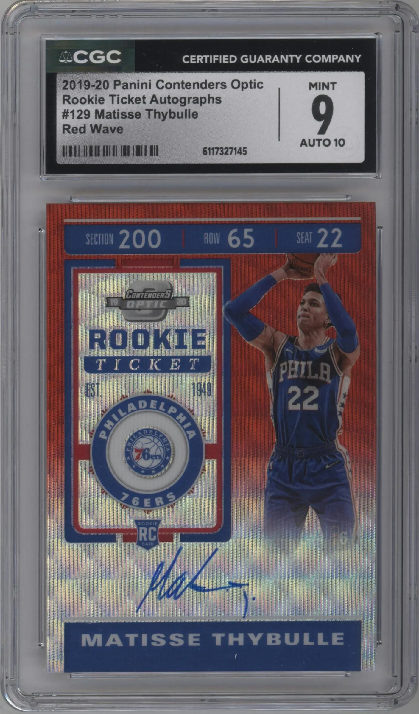 2019 Panini Contenders Optic Rke.Tkt.Auto Matisse Thybulle Red Wave #129 CGC 9