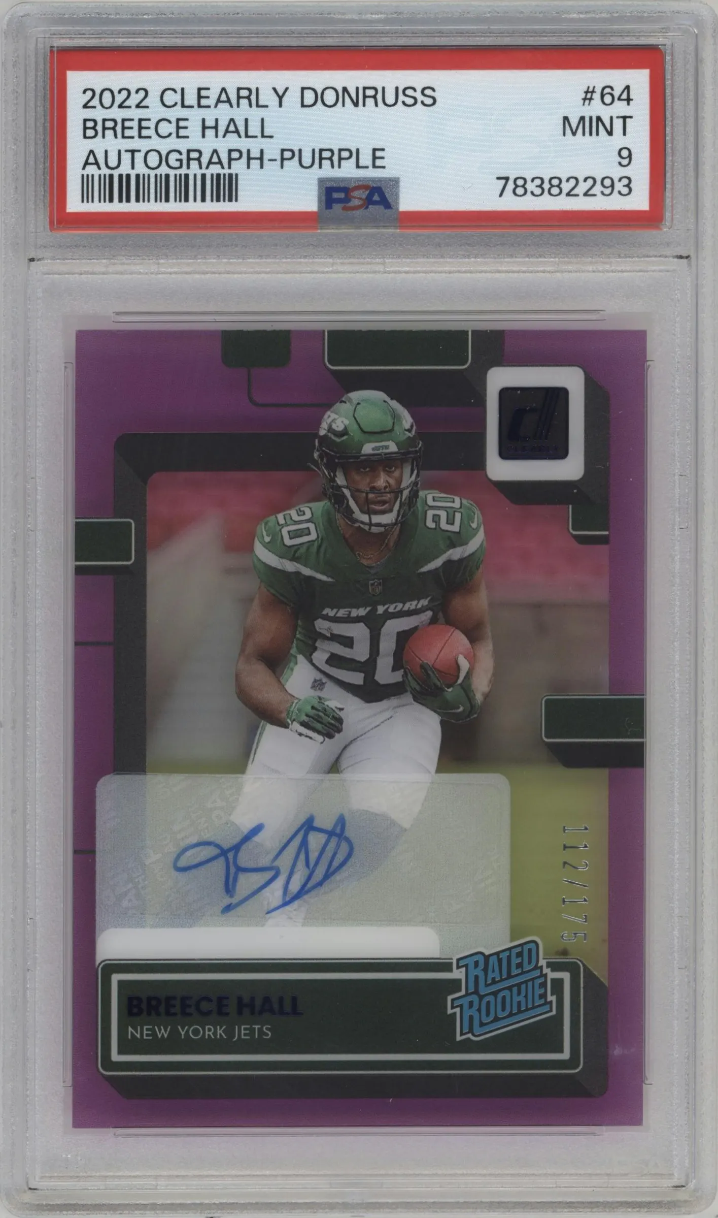 2022 Clearly Donruss Rtd.Rke.Auto Breece Hall Purple #64 PSA 9