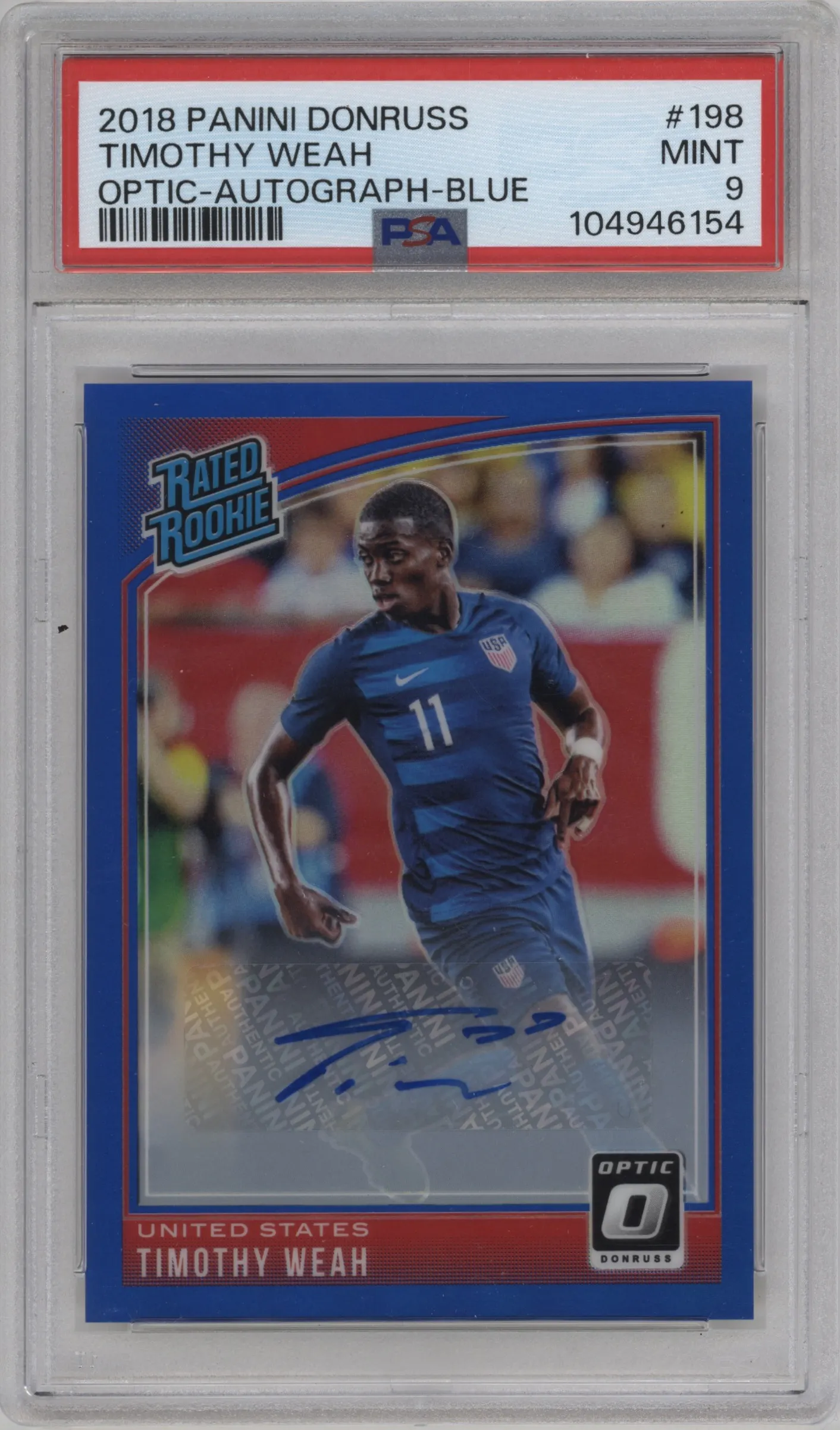 2018 Panini Donruss Rtd.Rke.Optic Auto Timothy Weah Blue #198 PSA 9