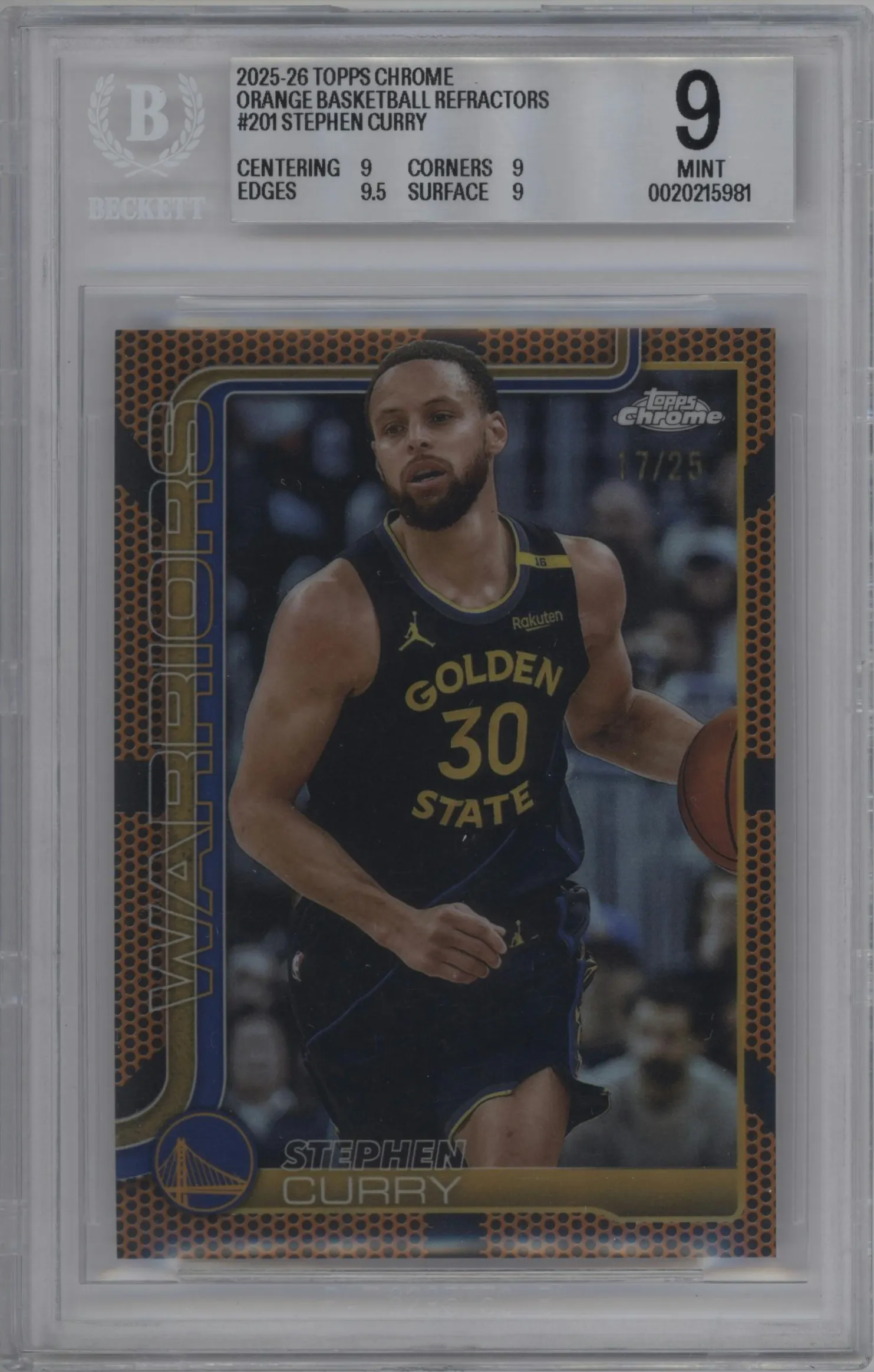 2025 Topps Chrome Stephen Curry Orange Basketball Refractor #201 BGS 9