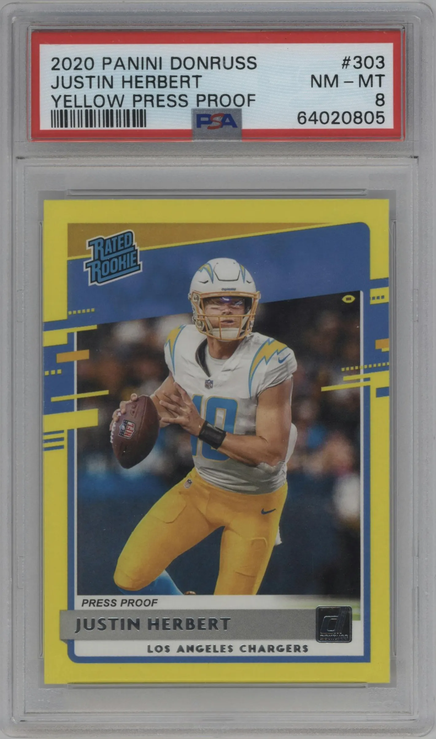 2020 Panini Donruss Rated Rookie Justin Herbert Press Proof Yellow PSA 8