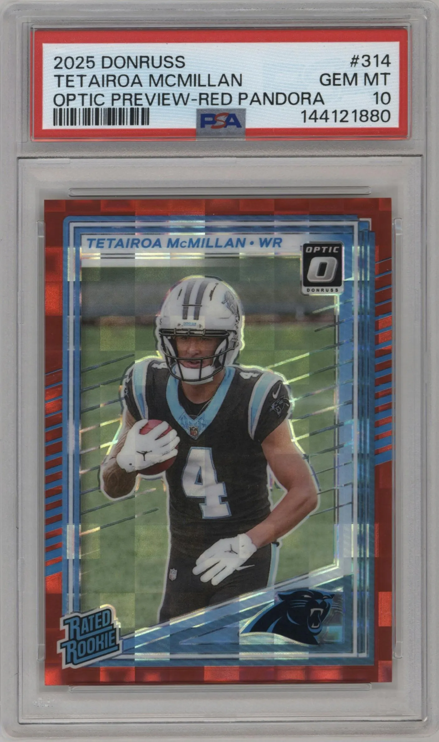 2025 Panini Donruss Opt.Rtd.Rke.Prev. Tetairoa McMillan Red Pandora #314 PSA 10