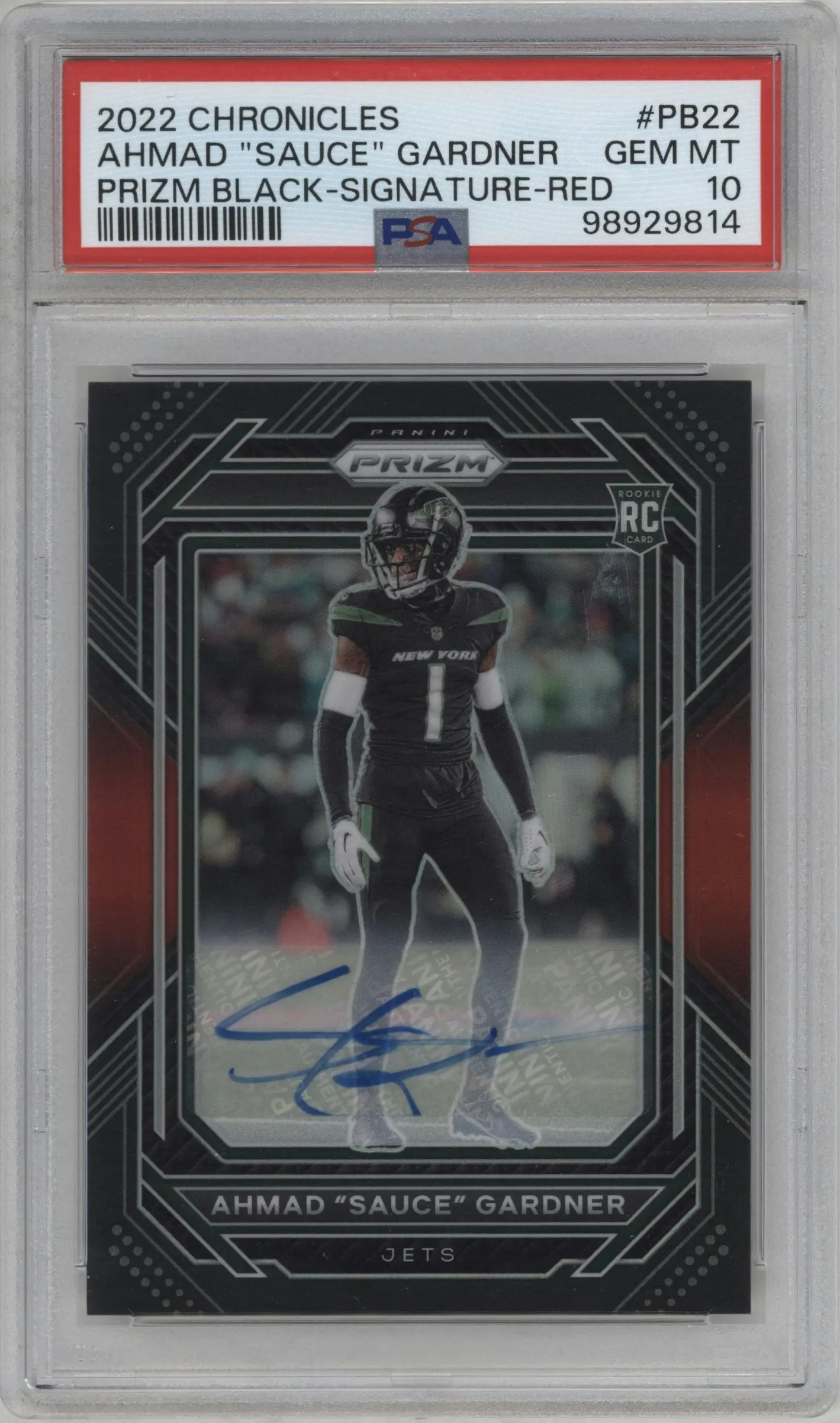 2022 Panini Chronicles Prizm Black Sig. Ahmad "Sauce" Gardner Red #PB-22 PSA 10