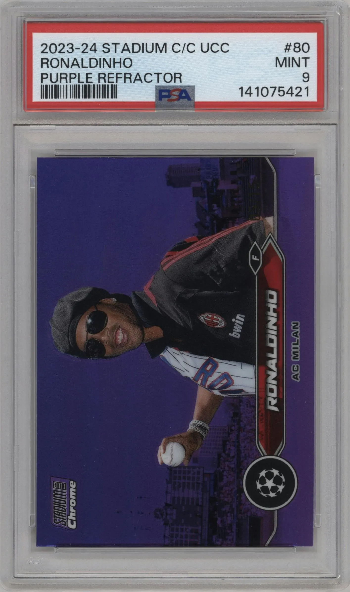 2023 Stadium Club Chrome UEFA Champions League Ronaldinho Purple Refractor #80 PSA 9
