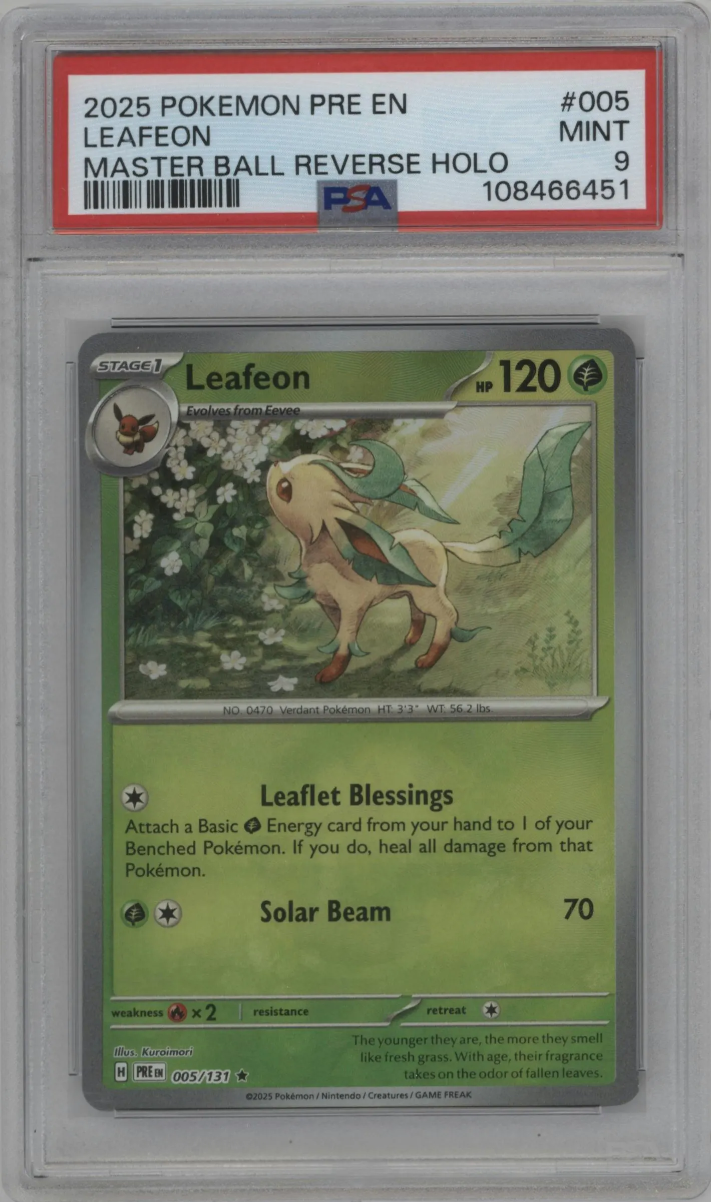 2025 Pokemon SV Prismatic Evolutions Leafeon Master Ball #005 PSA 9