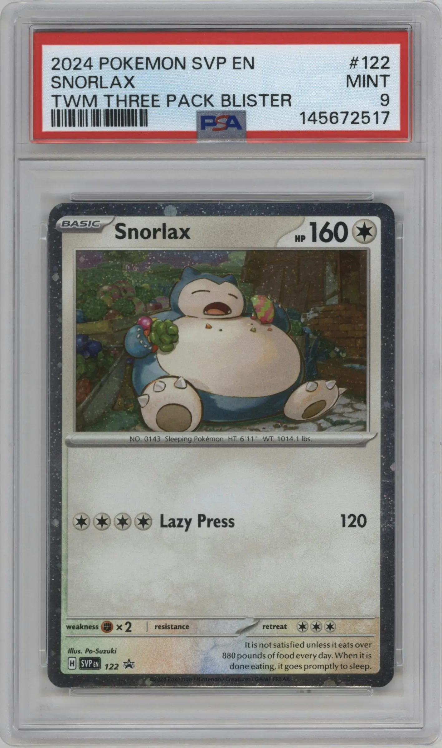 2024 Pokemon SV Snorlax Twilight Masquerade Three Pack Blisters #122 PSA 9