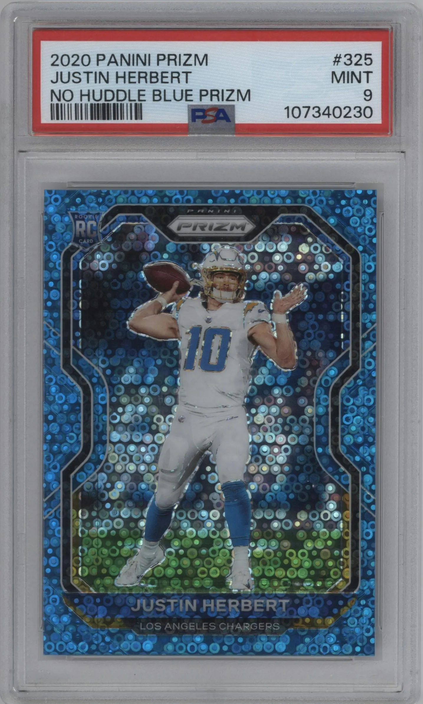 2020 Panini Prizm Justin Herbert No Huddle Blue #325 PSA 9