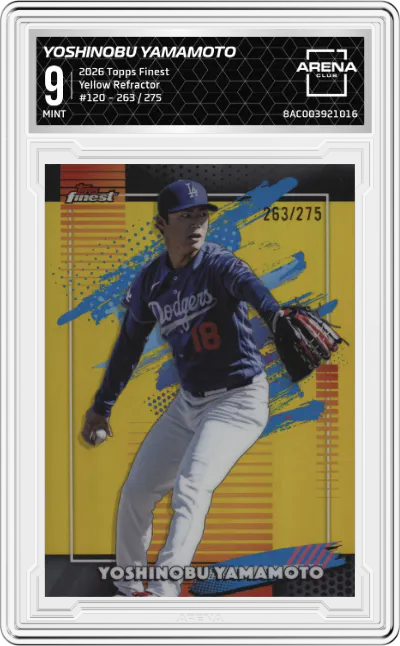 2026 Topps Finest Yoshinobu Yamamoto Yellow Refractor #120 ARENA CLUB 9