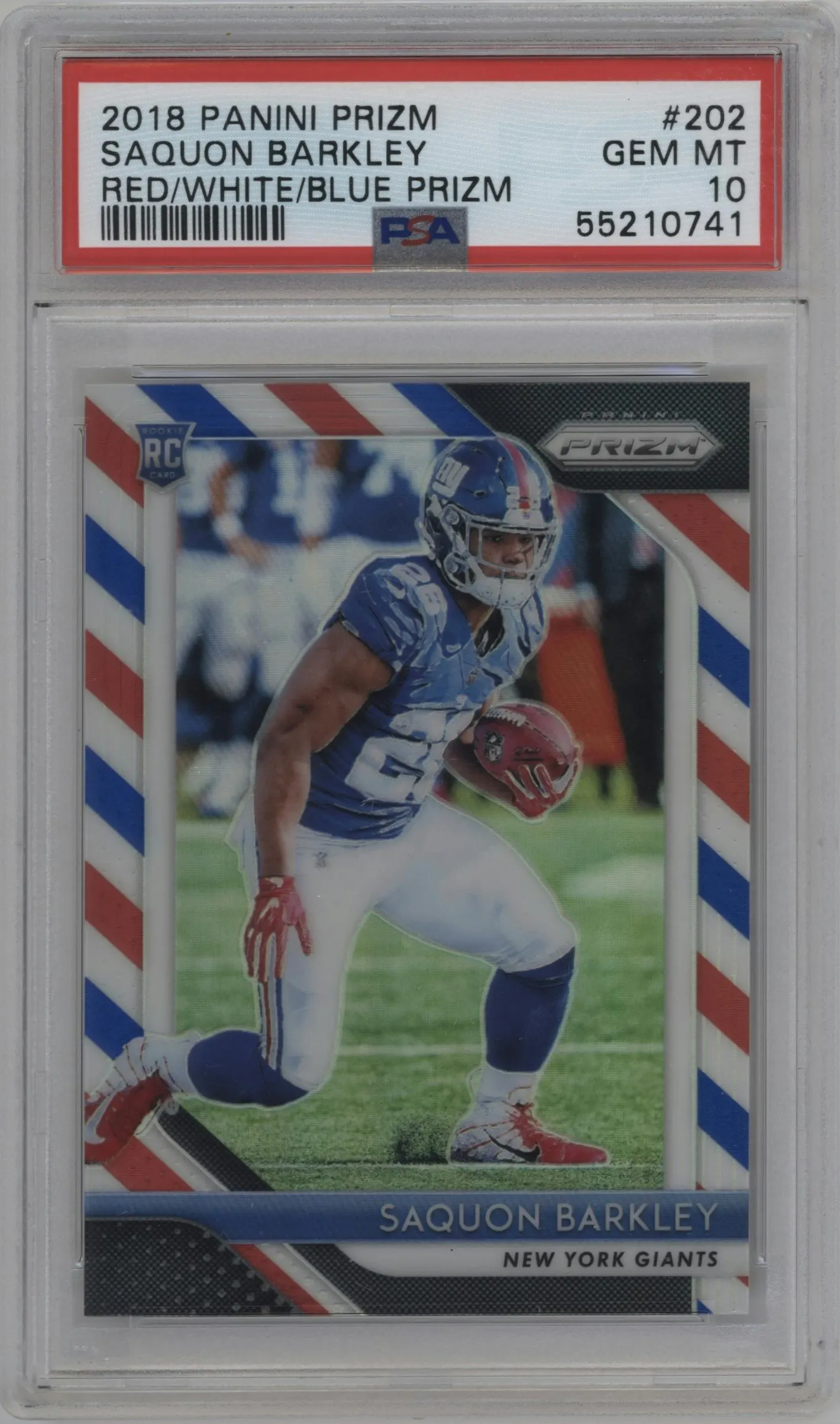 2018 Panini Prizm Saquon Barkley Red/White/Blue Prizm PSA 10