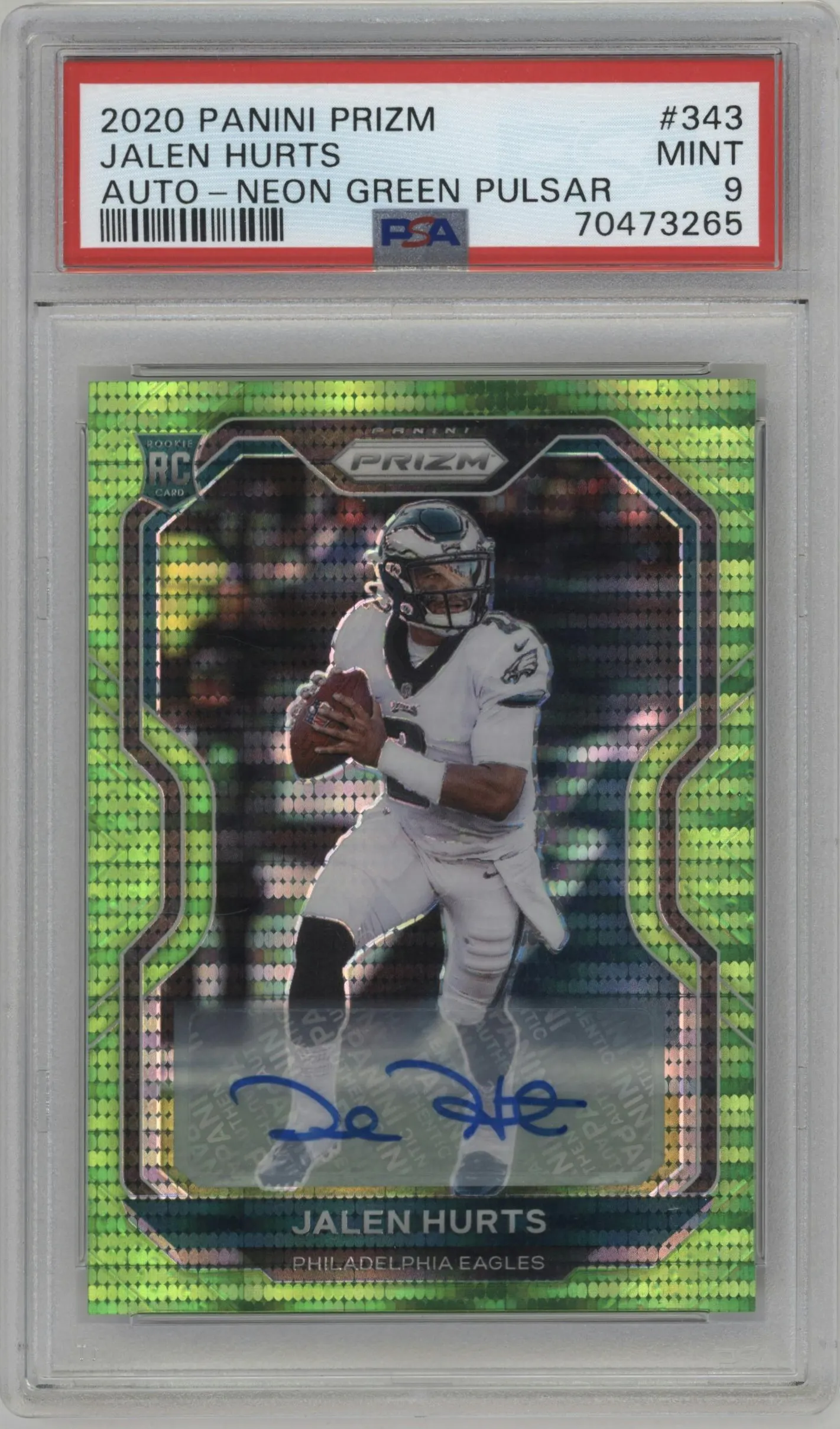 2020 Panini Prizm Rke.Auto Jalen Hurts Neon Green Pulsar #343 PSA 9