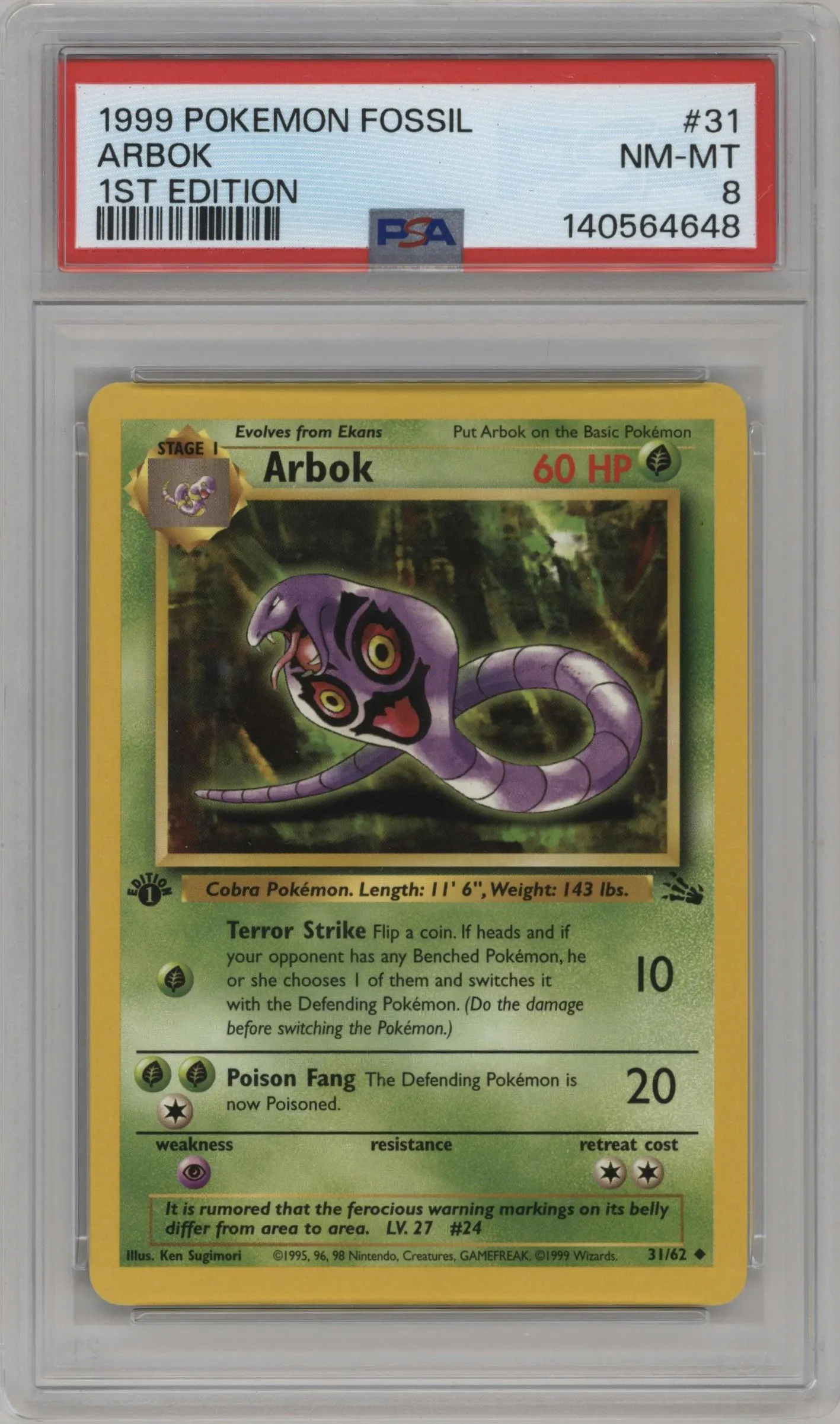 1999 Pokemon Fossil Arbok #31 PSA 8