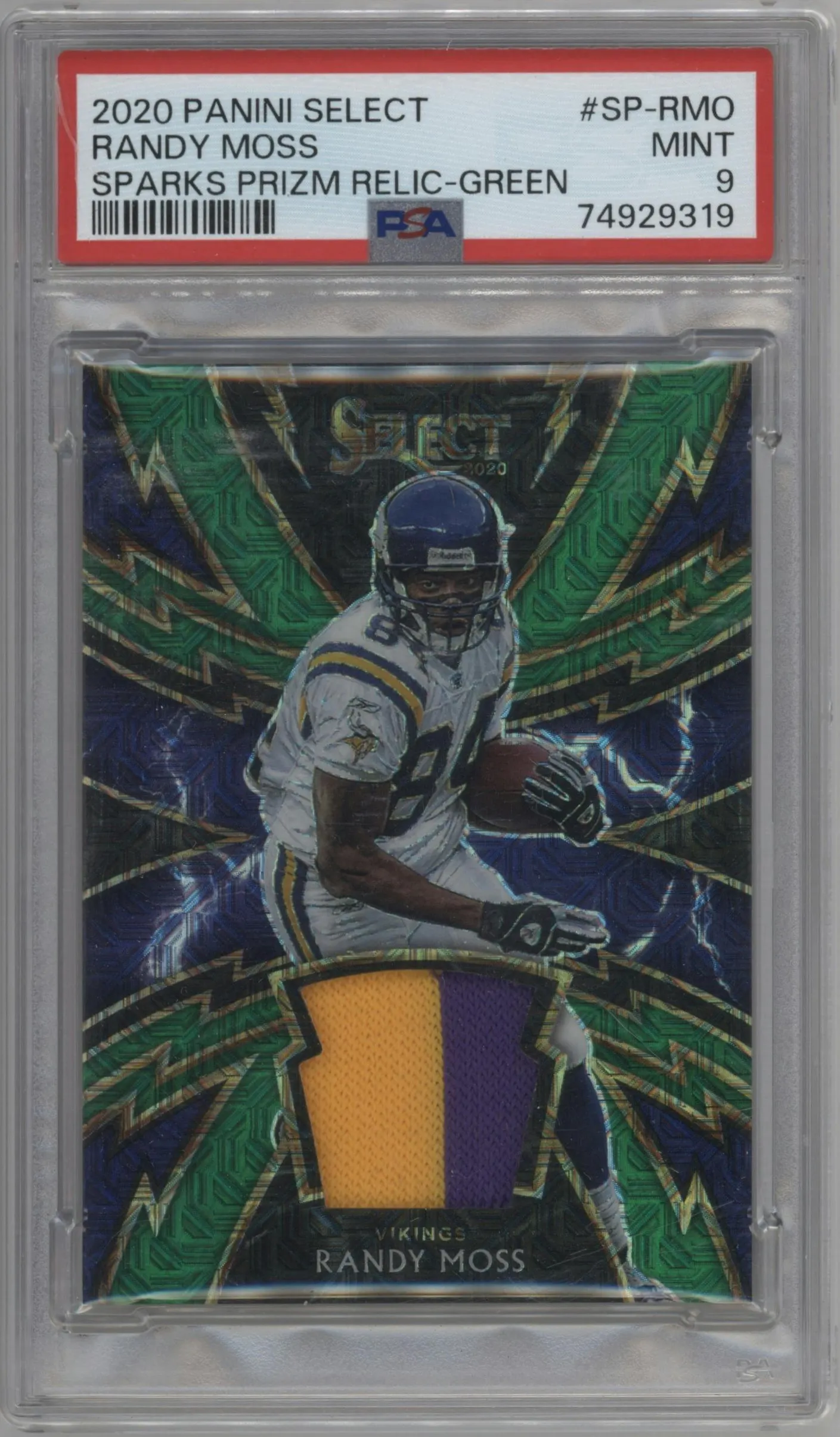 2020 Panini Select Sparks Rlc. Randy Moss Green Prizm #SP-RMO PSA 9