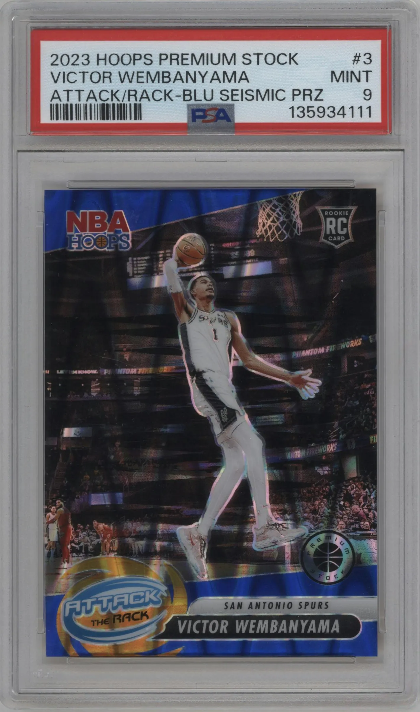 2023 Panini Hoops Premium Stock Attack the Rack Victor Wembanyama Blue Seismic Prizm #3 PSA 9