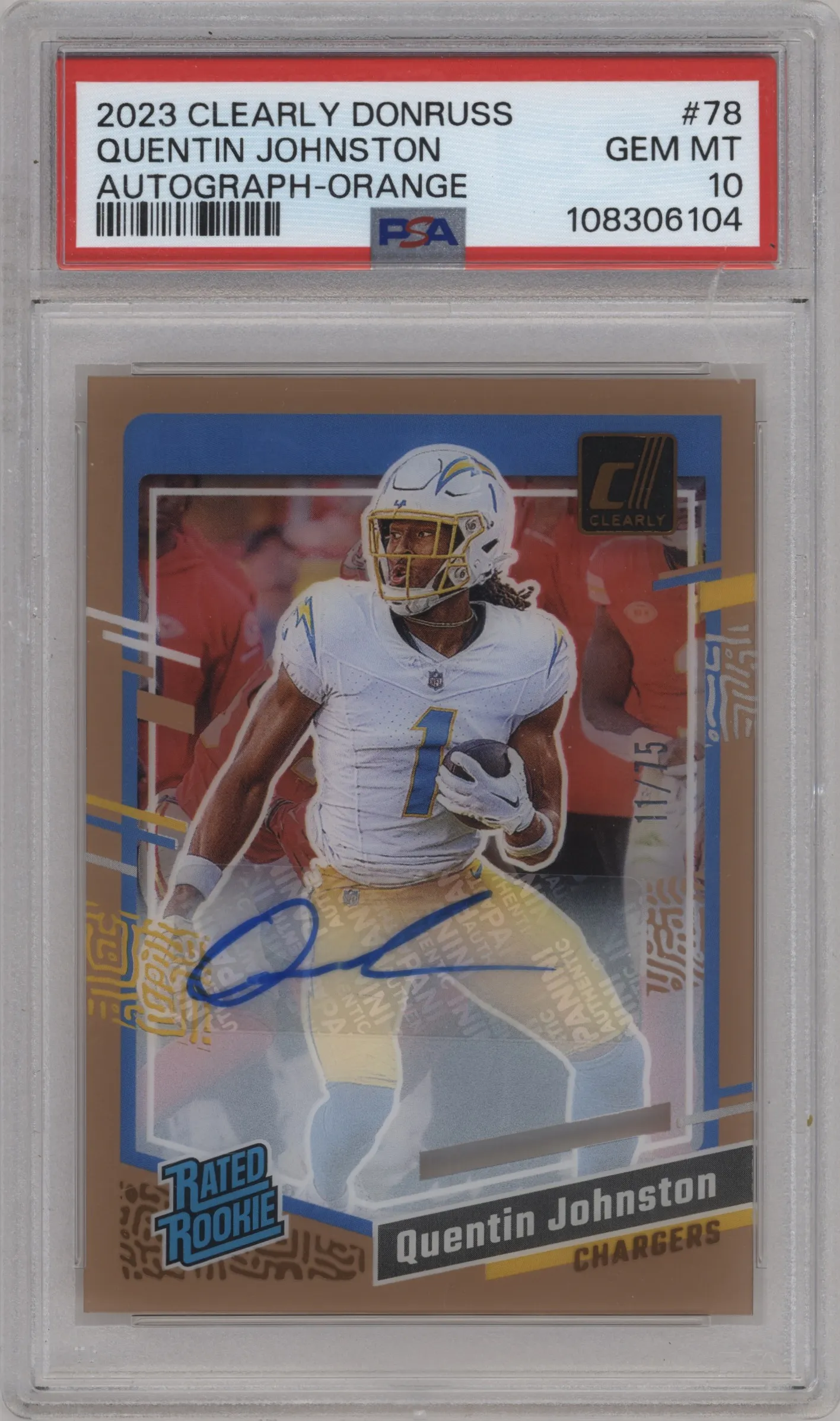 2023 Clearly Donruss Rtd.Rke.Auto Quentin Johnston Orange #78 PSA 10