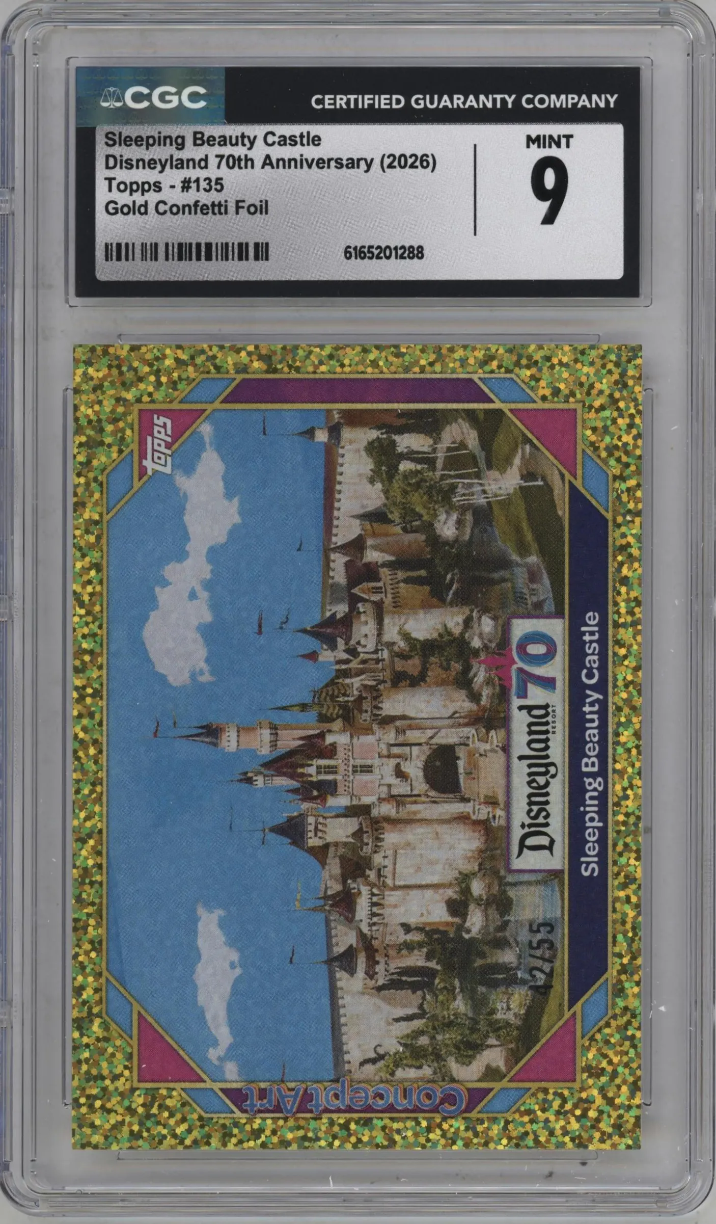 2025 Topps Disneyland 70th Anniversary Sleeping Beauty Castle Gold Confetti Foil #135 CGC 9