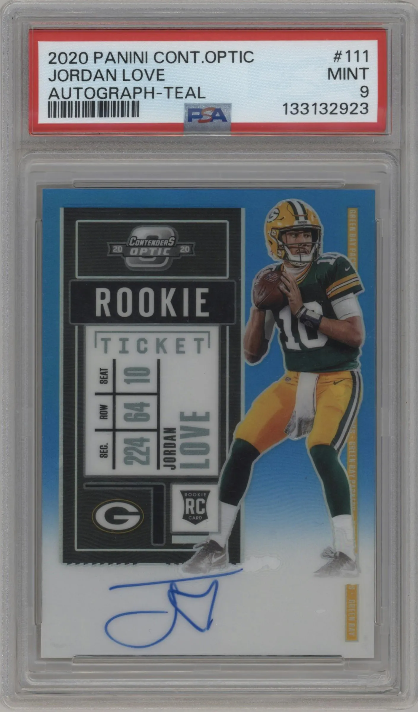 2020 Panini Contenders Optic Rke.Tkt RPS Auto Jordan Love Teal #111 PSA 9