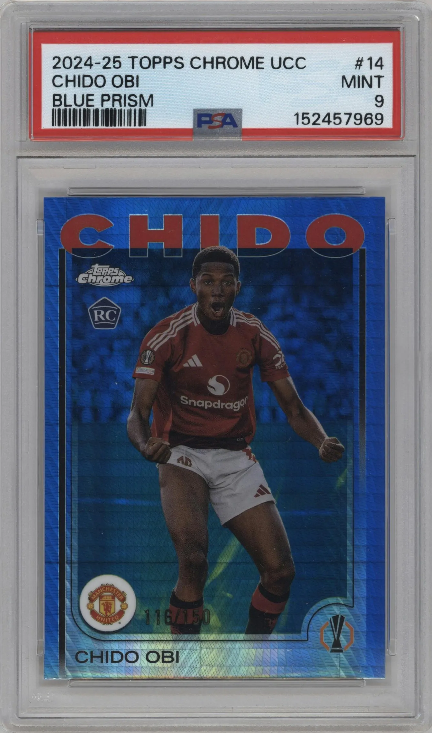 2024 Topps Chrome UEFA Club Competitions Chido Obi Blue Prism #14 PSA 9