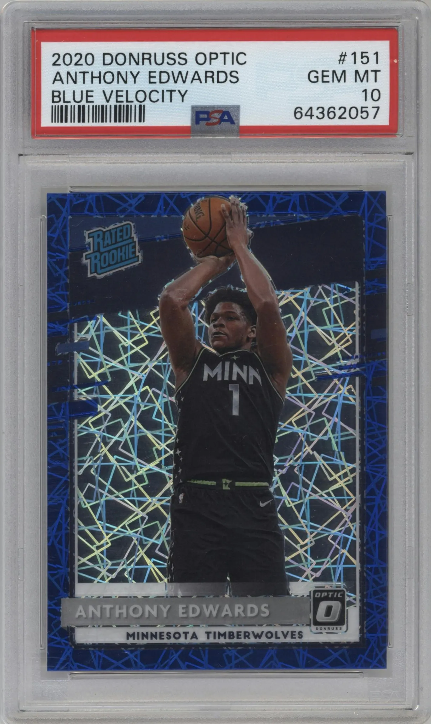 2020 Panini Donruss Optic Rated Rookie Anthony Edwards Blue Velocity #151 PSA 10