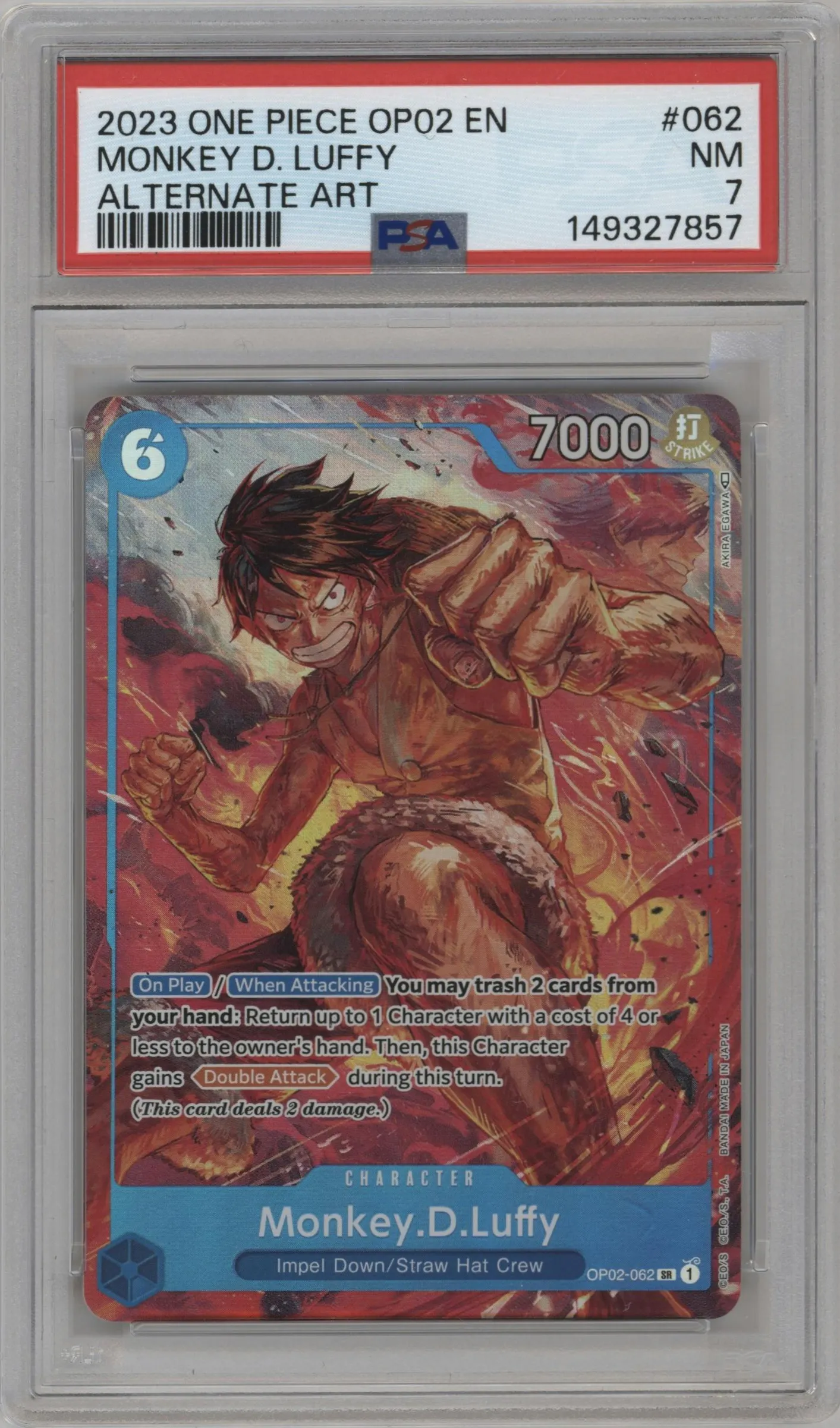2023 One Piece Paramount War Monkey.D.Luffy Alternate Art SR #OP02-062 SR PSA 7