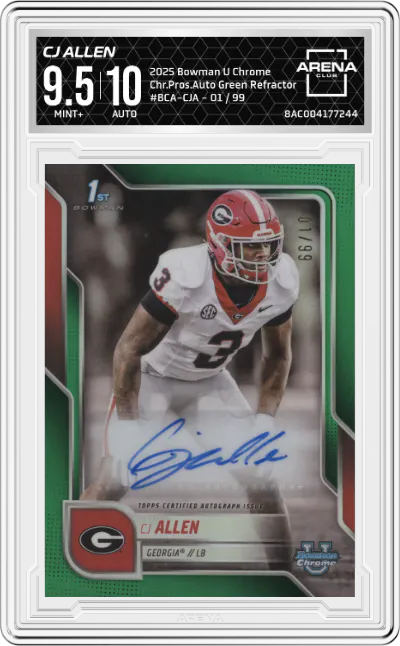 2025 Bowman University Chrome Chr.Pros.Auto CJ Allen Green Refractor #BCA-CJA ARENA CLUB 9.5