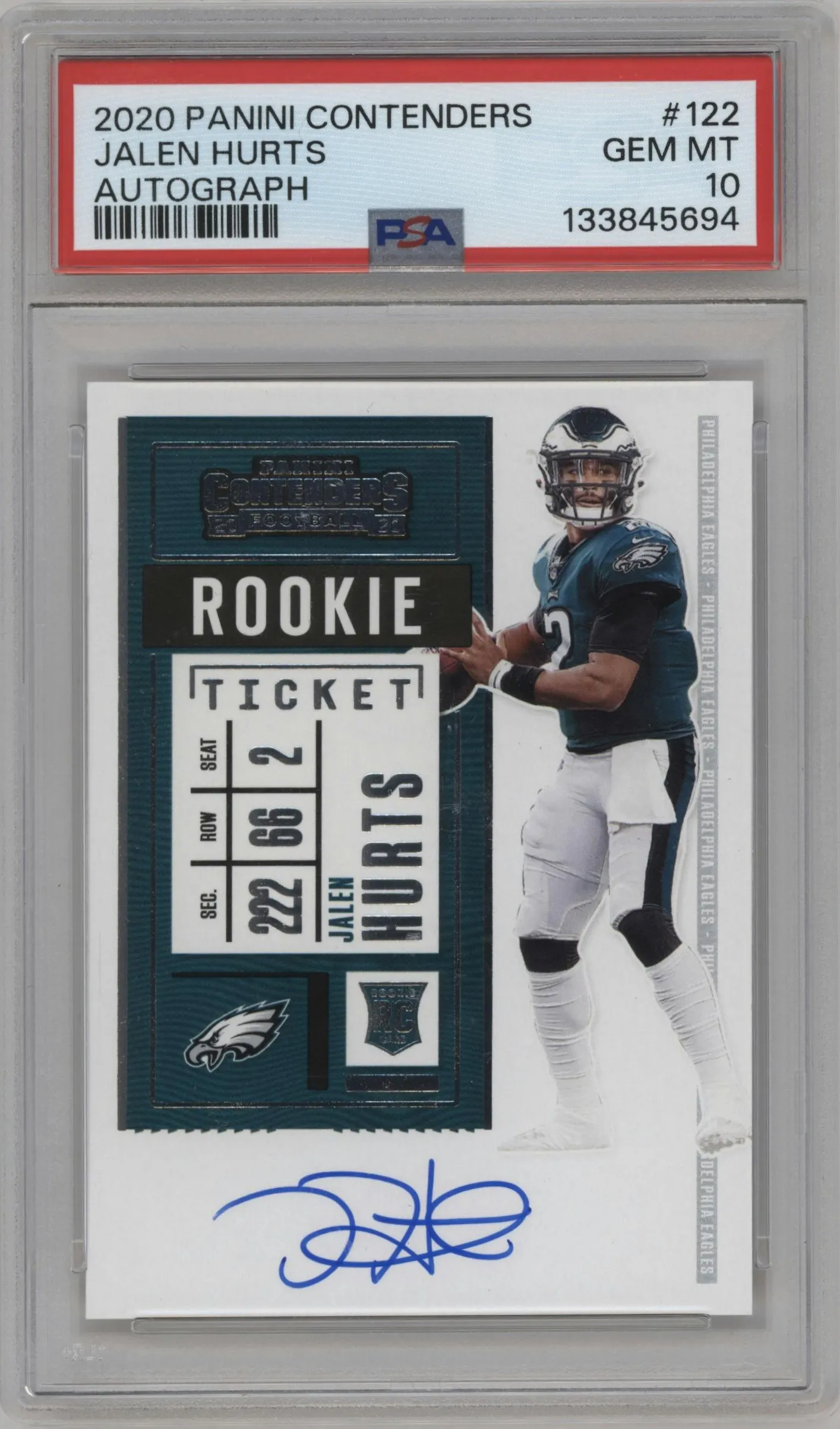 2020 Panini Contenders Rke.Tkt.Auto Jalen Hurts #122 PSA 10