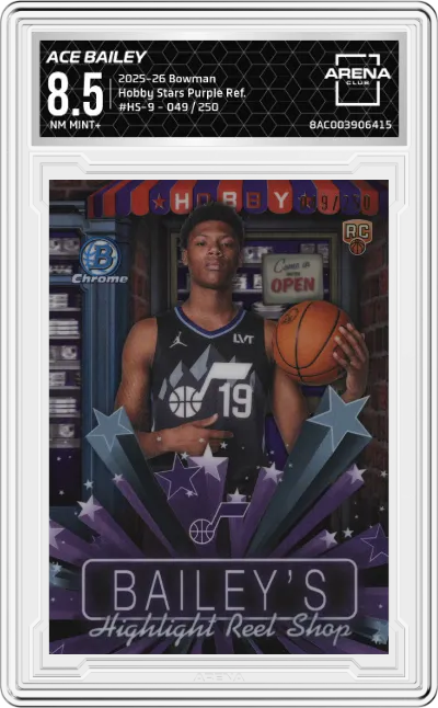 2025 Bowman Hobby Stars Ace Bailey Purple Refractor ARENA CLUB 8.5