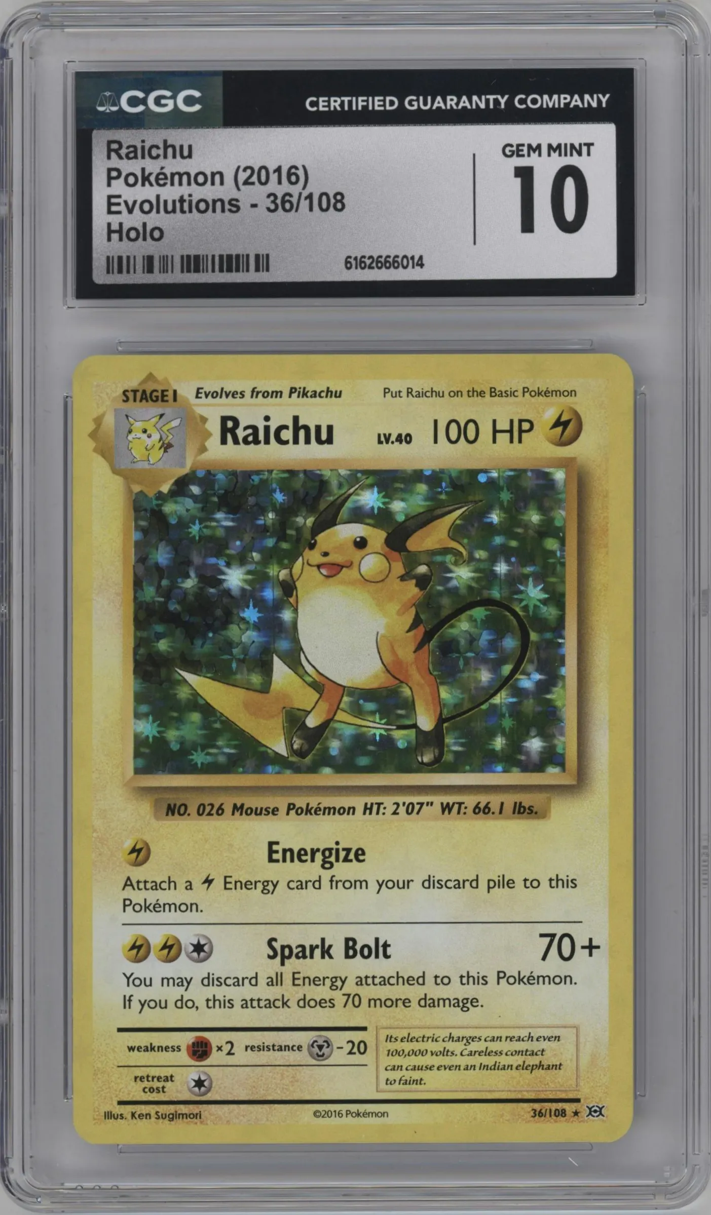 2016 Pokemon XY Evolutions Raichu #36 CGC 10