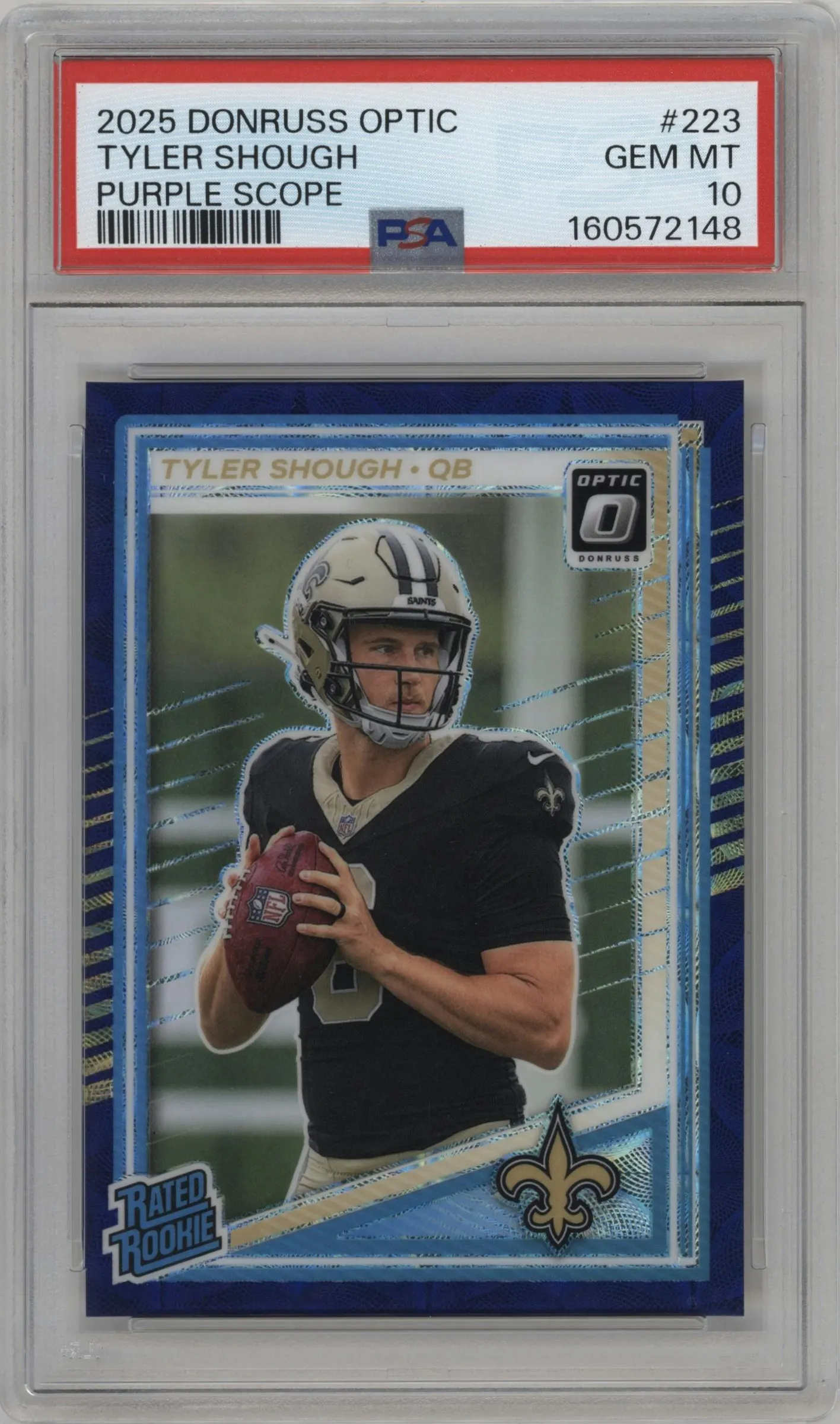 2025 Donruss Optic Rated Rookie Tyler Shough Purple Scope #223 PSA 10