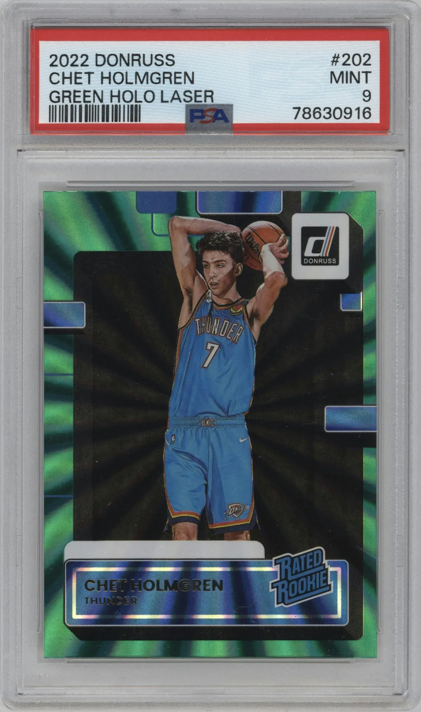 2022 Panini Donruss Rated Rookie Chet Holmgren Green Holo Laser #202 PSA 9