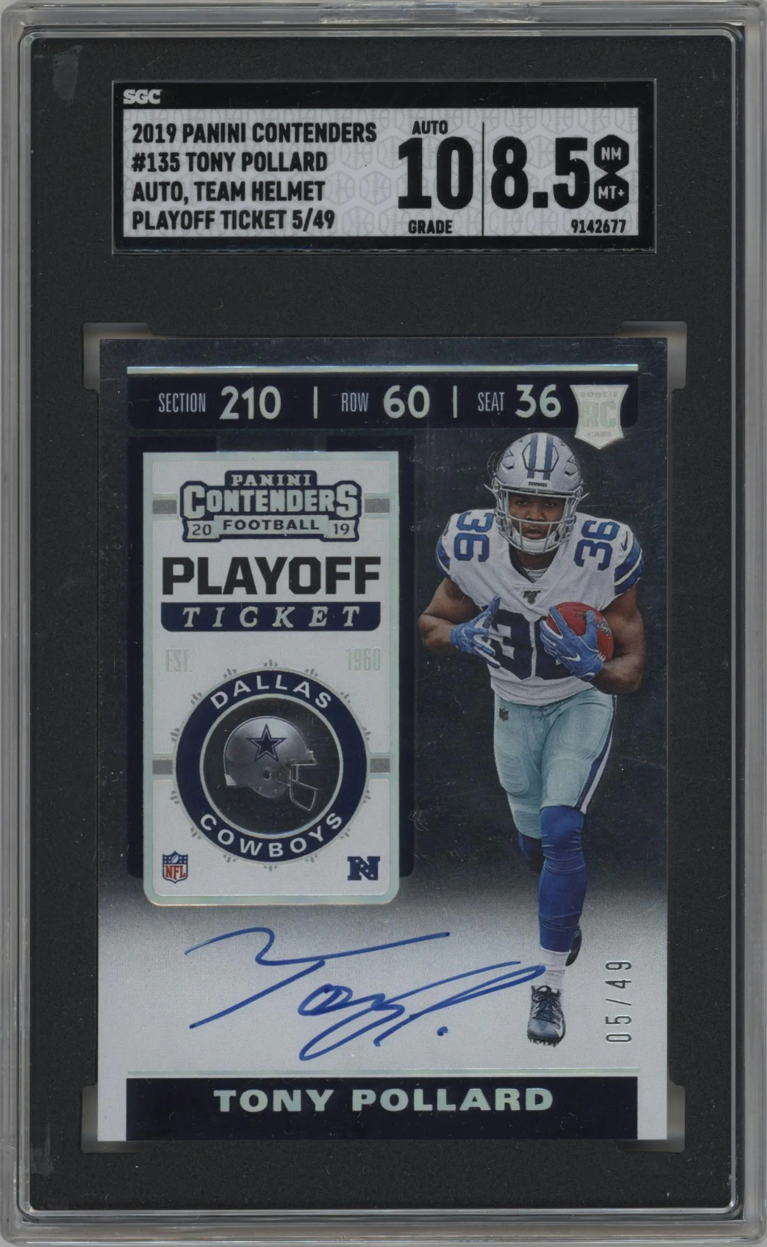 2019 Panini Contenders Rke.Tkt.Auto Tony Pollard Playoff #135 SGC 8.5