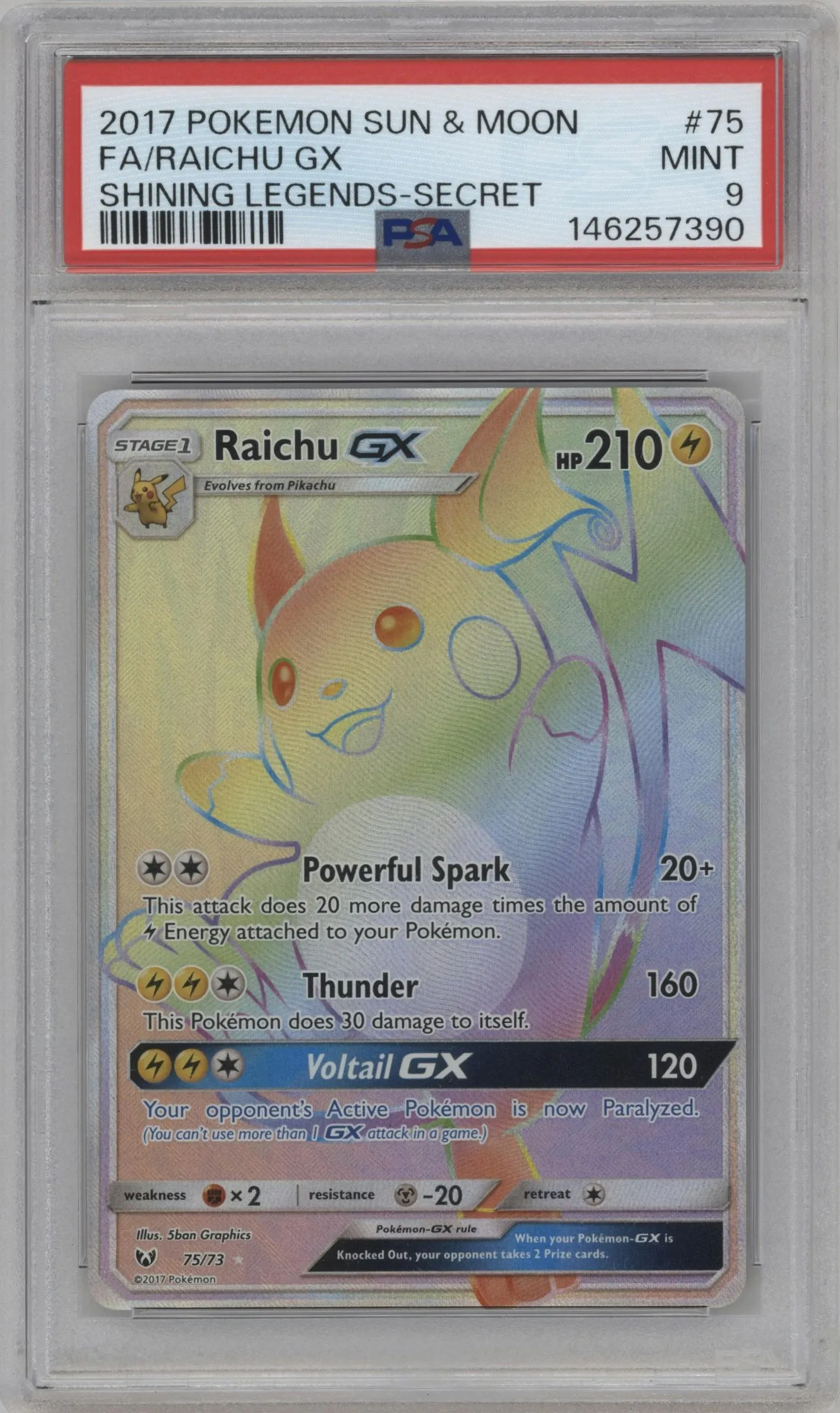 2017 Pokemon S&M Shining Legends Raichu GX #75 PSA 9