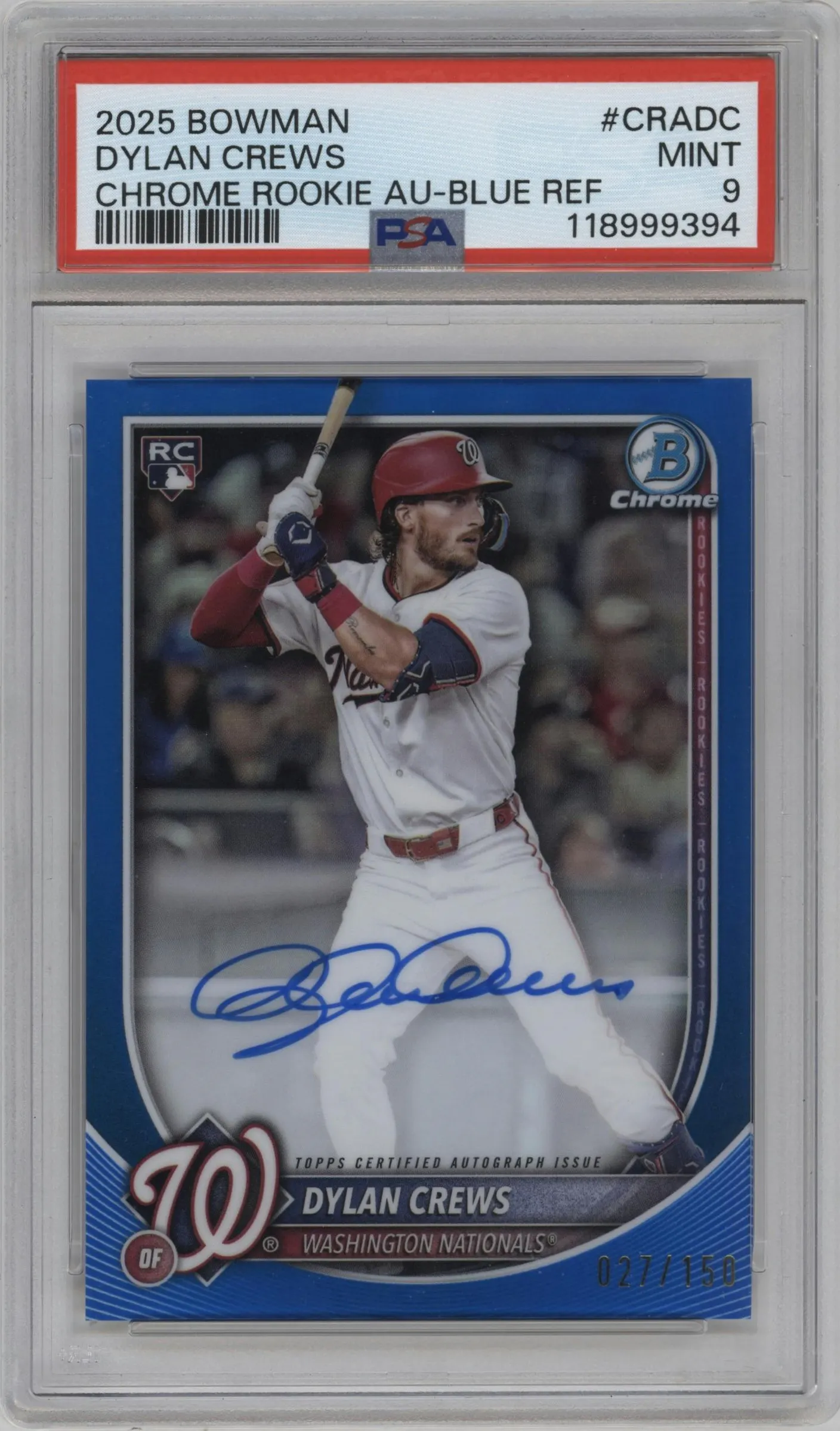 2025 Bowman Chrome Rke.Auto Dylan Crews Blue Refractor PSA 9